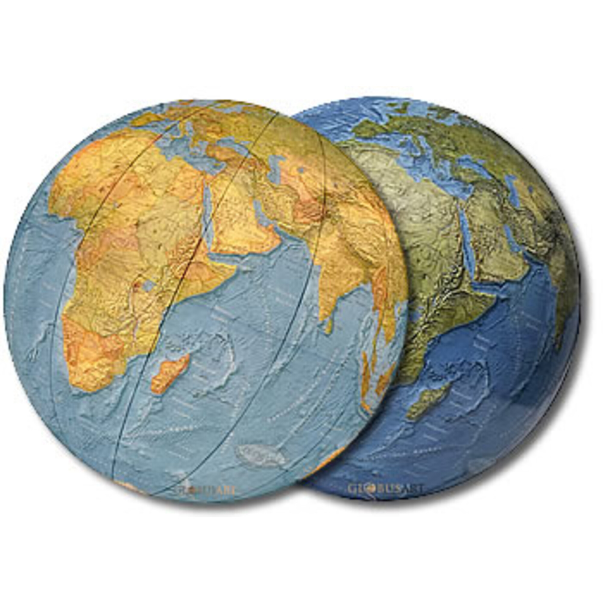 Zwei nebeneinander liegende Globen. Einer zeigt Afrika in Gelb und Orange. Der andere zeigt Europa und Asien in Grün und Blau.