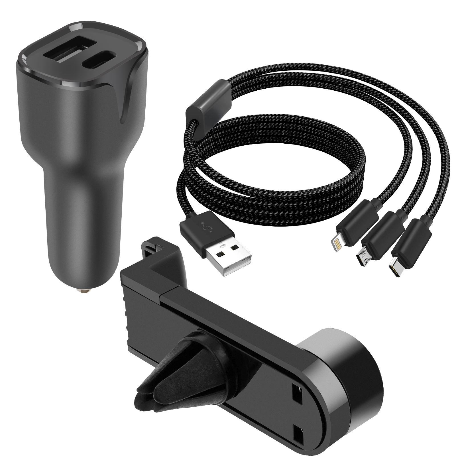 Caricabatterie per auto nero, cavo USB e supporto per bocchetta dell'aria su sfondo bianco. Il caricabatterie ha due porte USB.