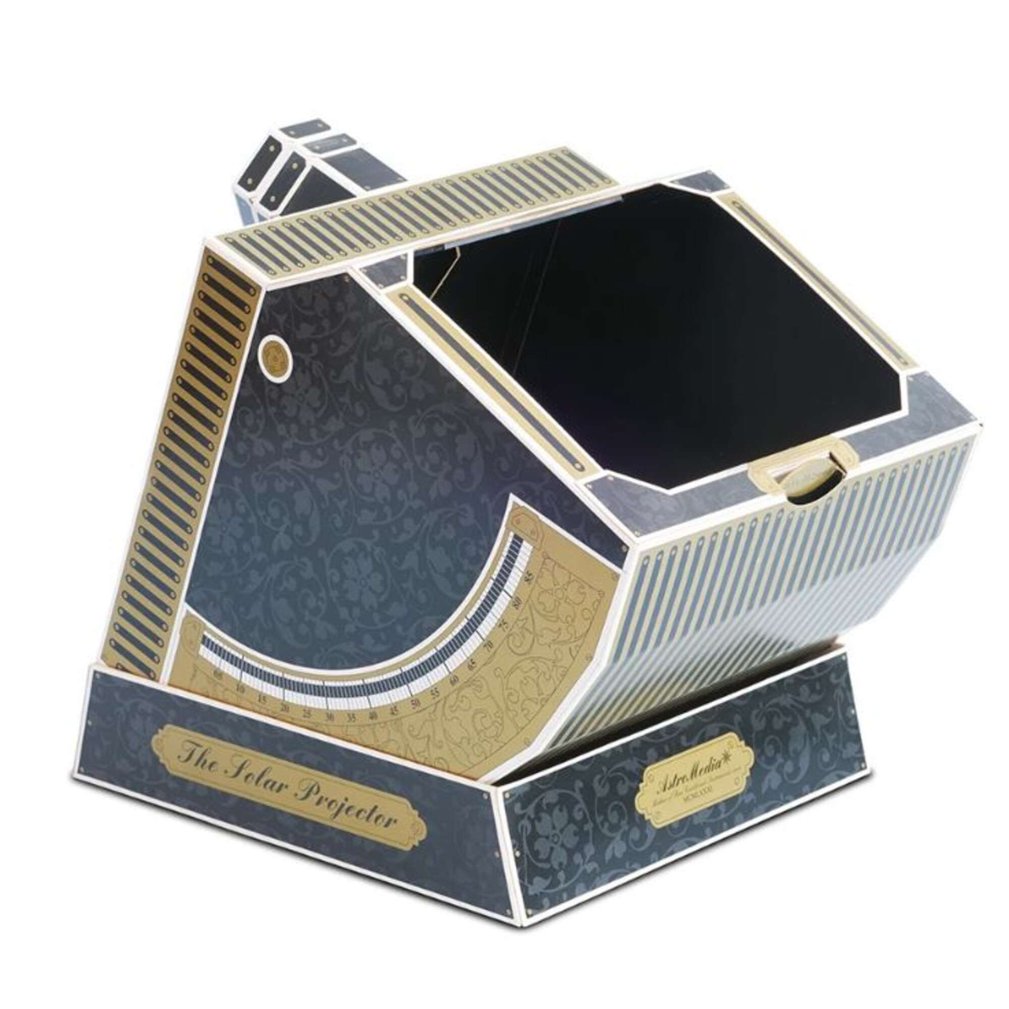 Ein Solarprojektor, ein kastenförmiges Gerät mit einer gebogenen Skala. Es ist blau, gold und weiß, mit dekorativen Mustern und Text.