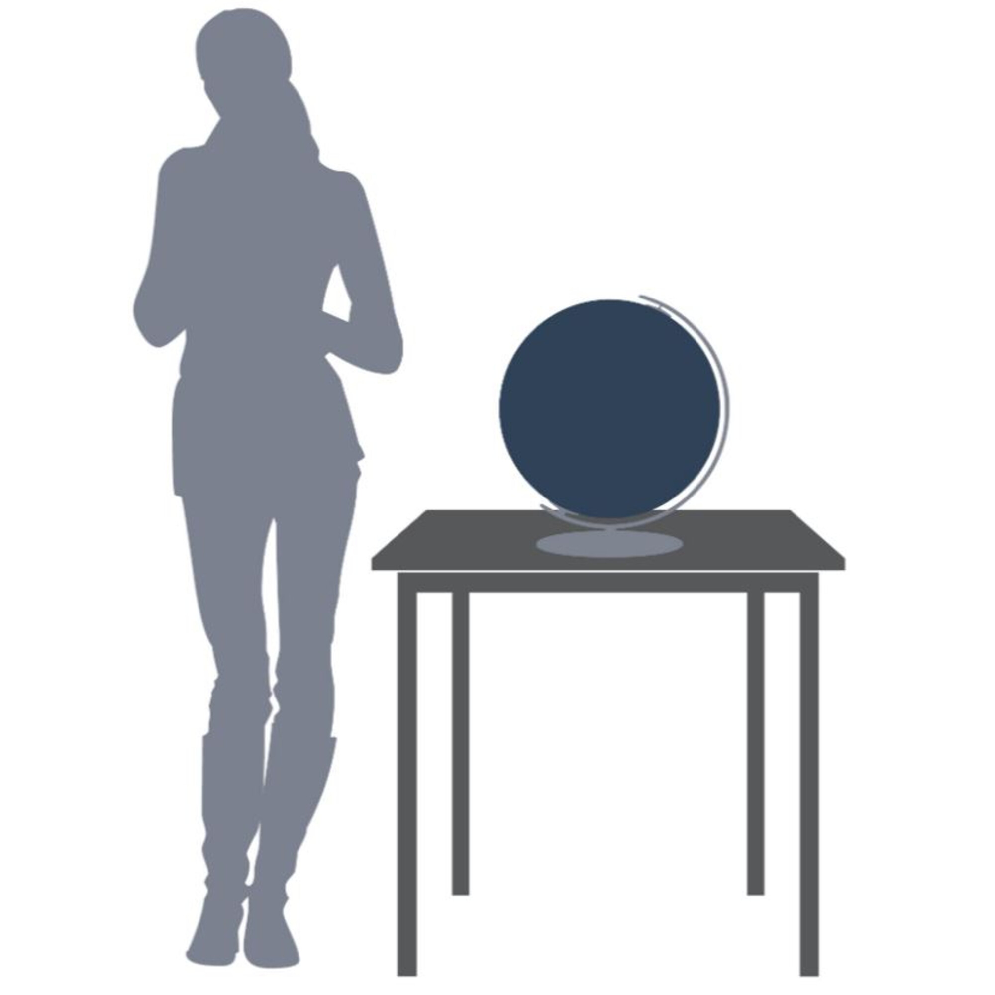 Eine graue Silhouette einer Person steht in der Nähe eines Tisches mit einem dunkelblauen Globus darauf. Weißer Hintergrund.