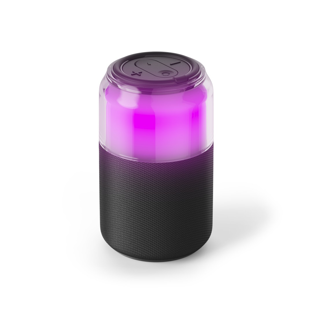 Un altoparlante cilindrico con base nera e parte superiore trasparente che si illumina di rosa. Pulsanti in alto. Sfondo bianco.