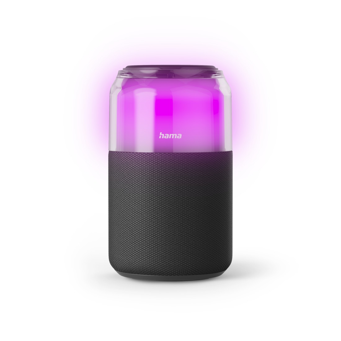 Un altoparlante cilindrico con parte superiore trasparente. La parte superiore si illumina di rosa. La parte inferiore è nera con superficie strutturata. Il marchio è hama.