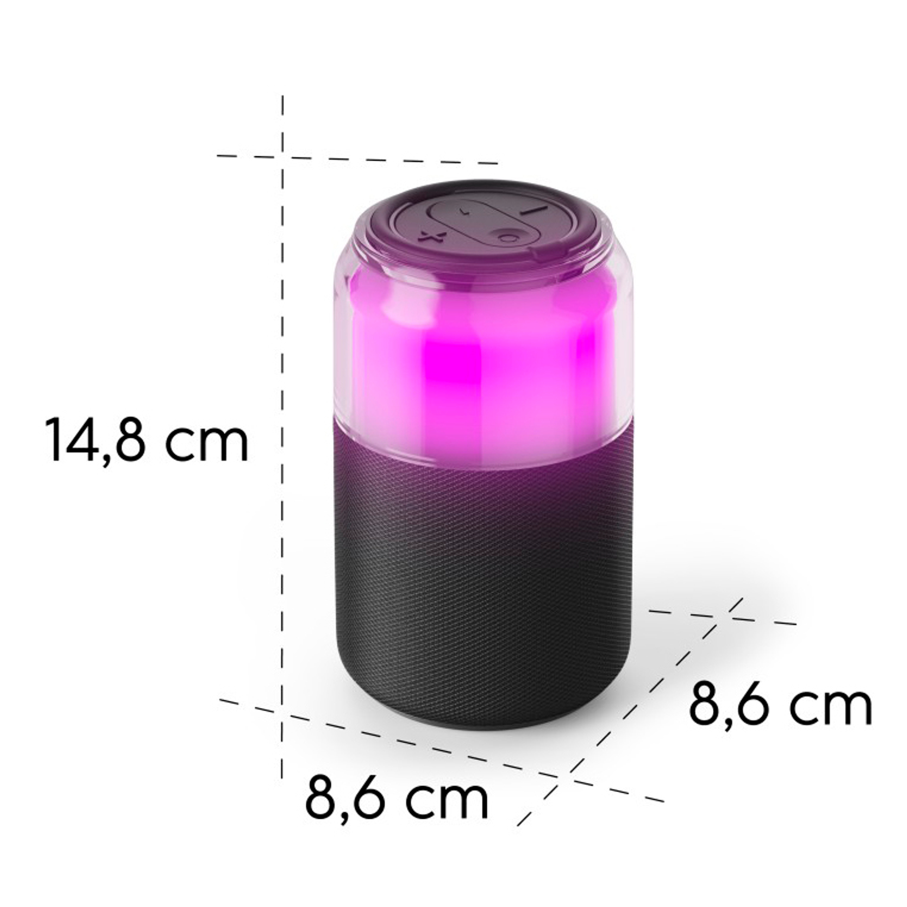 Un altoparlante cilindrico con base nera e parte superiore trasparente e illuminata. Le dimensioni sono indicate.