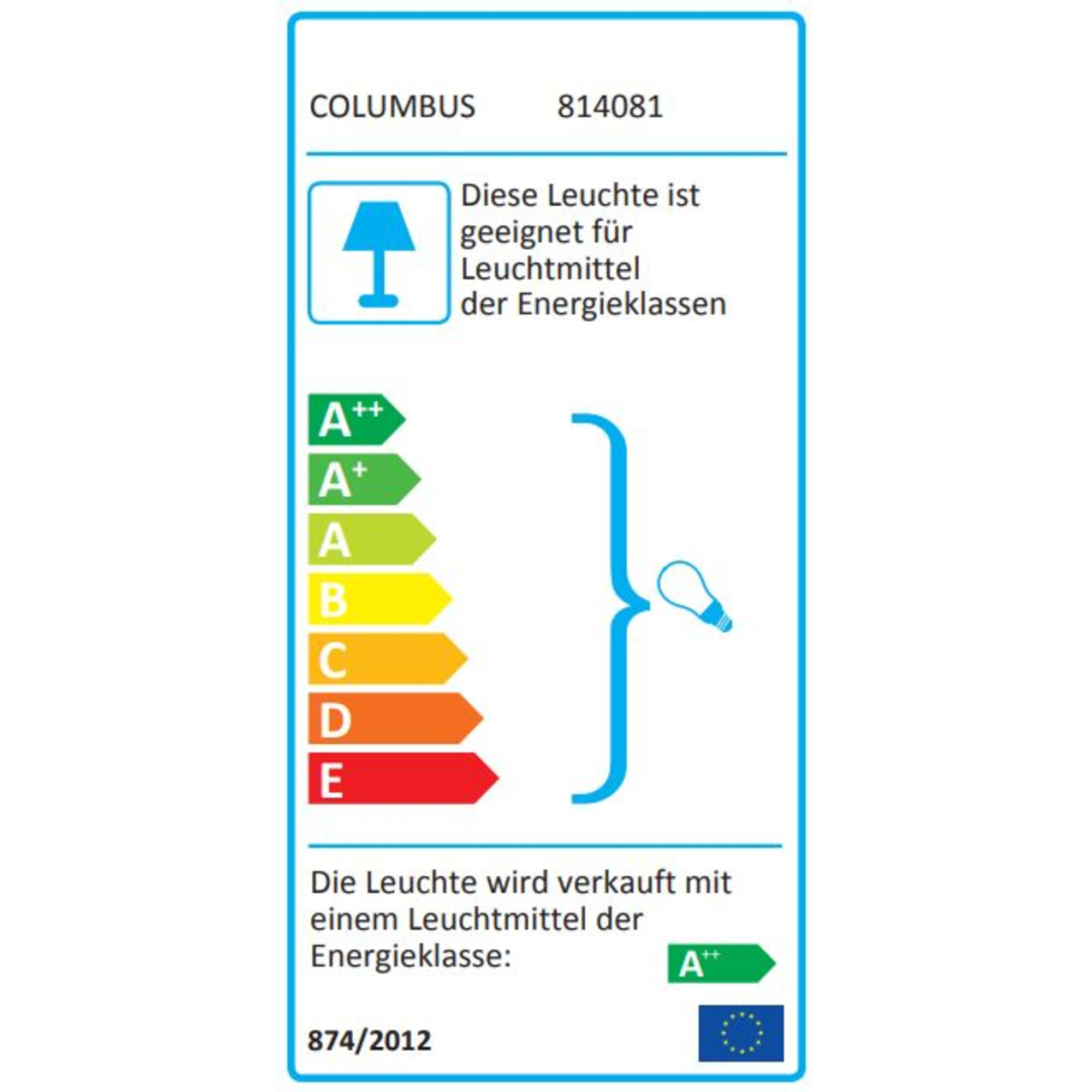 Energielabel mit Bewertungen A++ bis E. Enthält ein Lampensymbol und Text auf Deutsch.