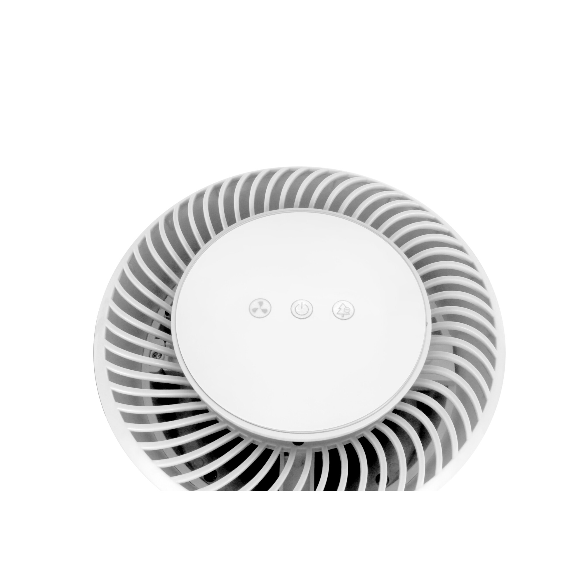 Ein weißer Luftreiniger, Draufsicht. Er hat ein kreisförmiges Design mit einem zentralen Bedienfeld und Lüfterflügeln.