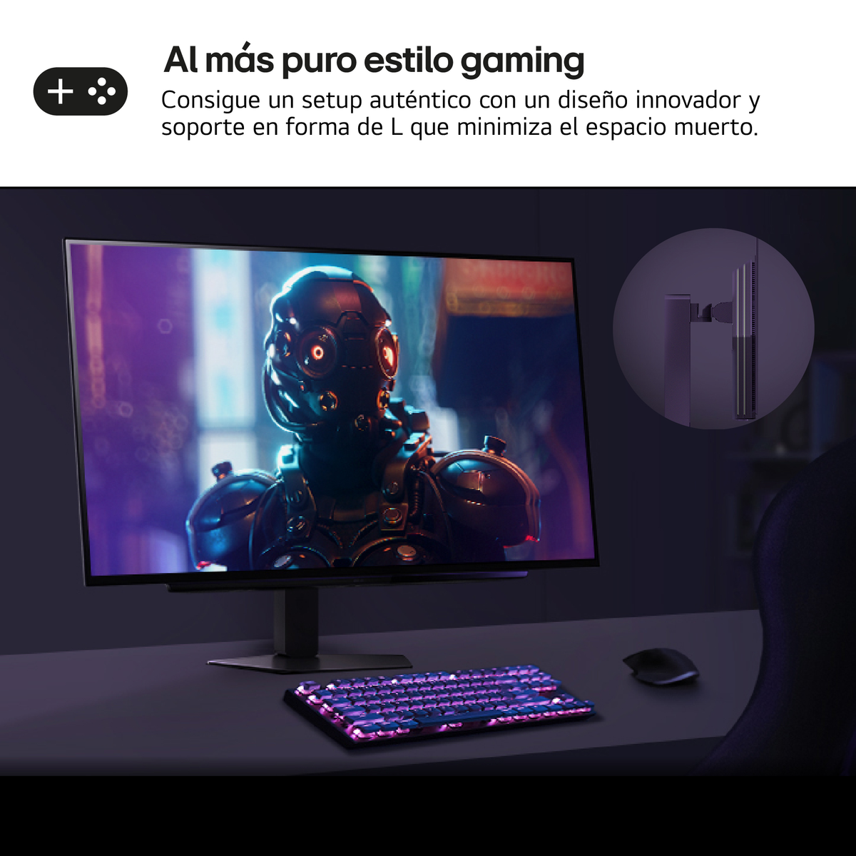 Konfiguracja do gier z monitorem wyświetlającym futurystyczny obraz. Klawiatura i mysz na biurku. Ciemne otoczenie pokoju.