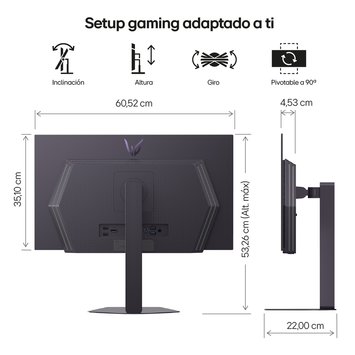 Monitor z wymiarami i funkcjami. Zawiera pochylenie, wysokość, obrót i obrót o 90°. Wymiary wyświetlane w cm.