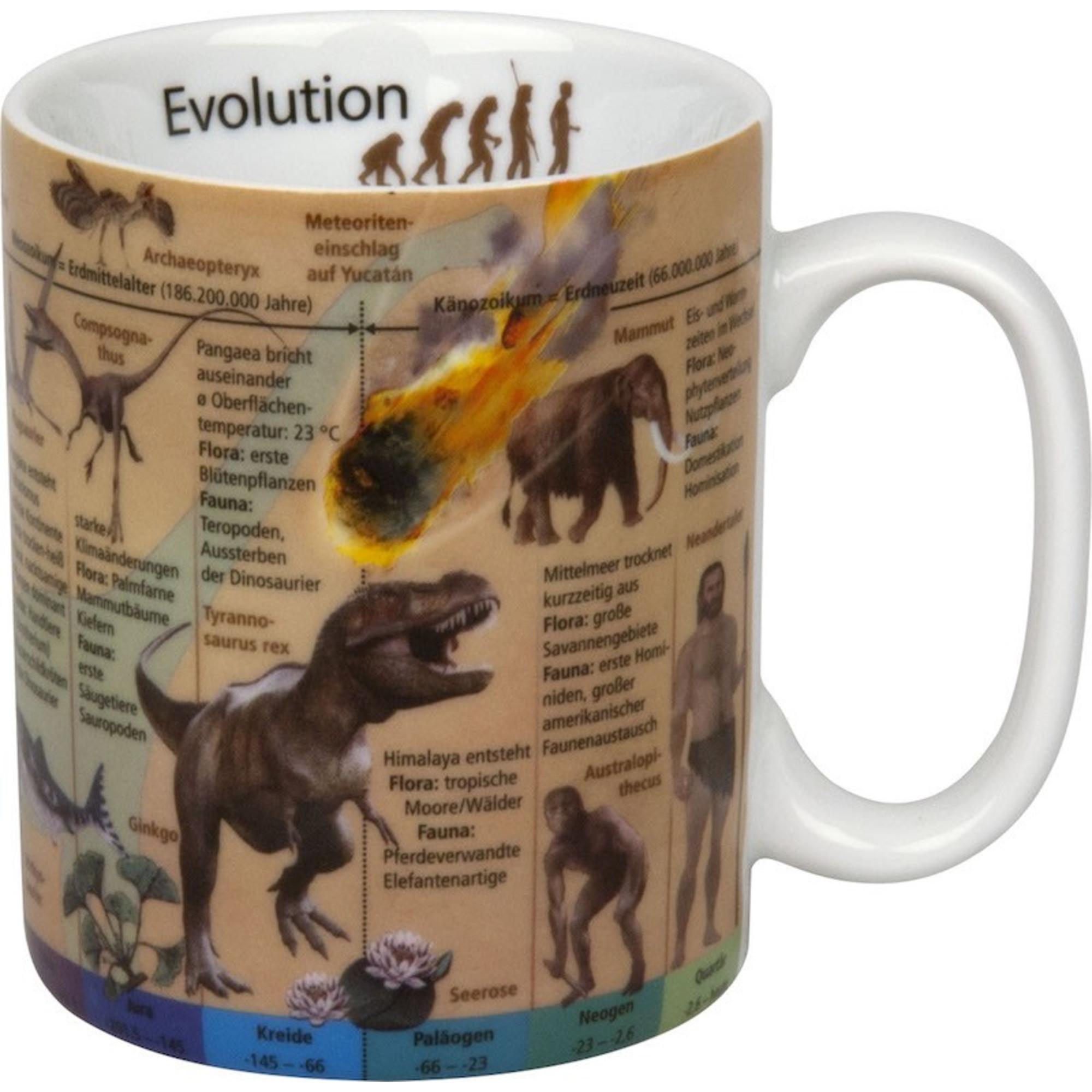 Tasse mit Evolutionszeitachse. Enthält Dinosaurier, Meteoreinschlag, menschliche Evolution und wissenschaftliche Informationen.