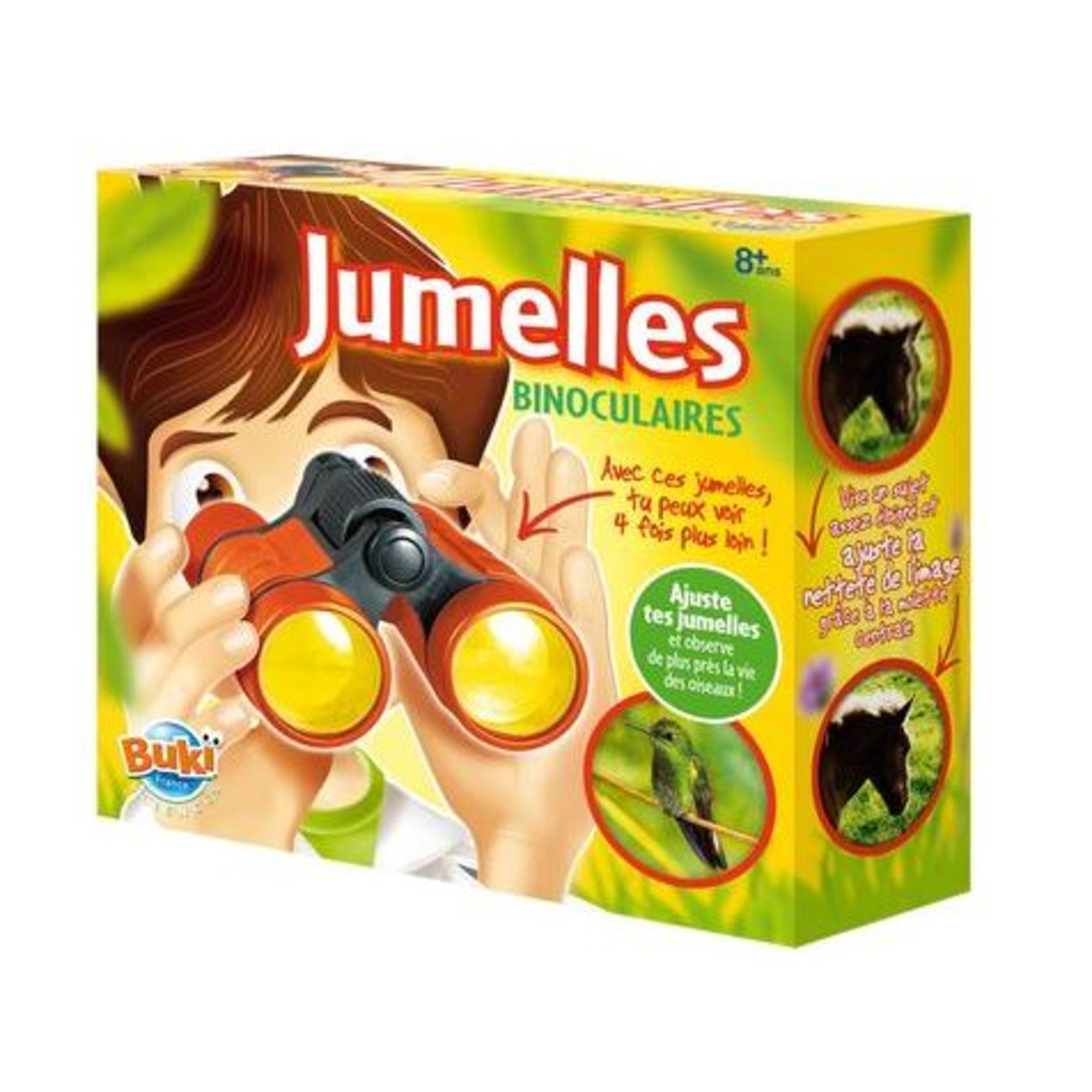 Schachtel mit Fernglas. Ein Kind hält das Fernglas. Die Schachtel zeigt Bilder von Vögeln und Pferden.