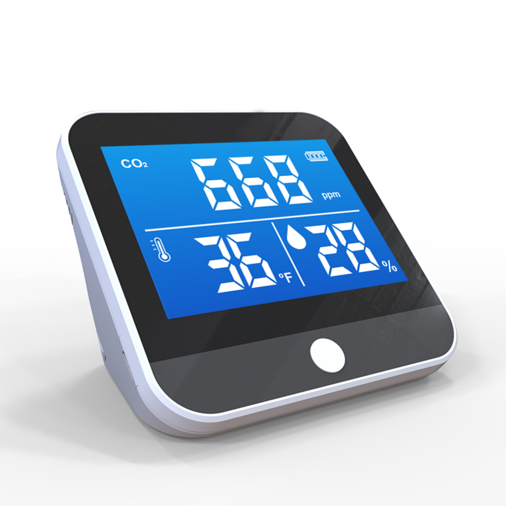 Ein digitales Display mit CO2-Wert, Temperatur und Luftfeuchtigkeit. Es ist ein weißes Gerät mit schwarzem Bildschirm.