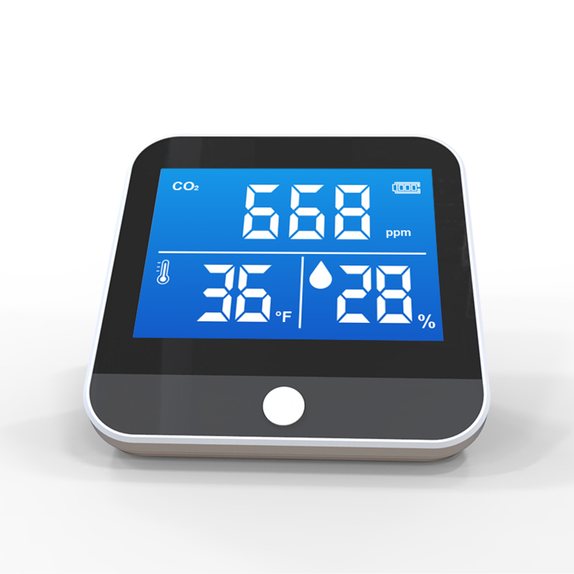 Ein digitales Gerät zeigt CO2-Gehalt, Temperatur und Luftfeuchtigkeit an. Der Bildschirm zeigt Messwerte in weißen Ziffern.