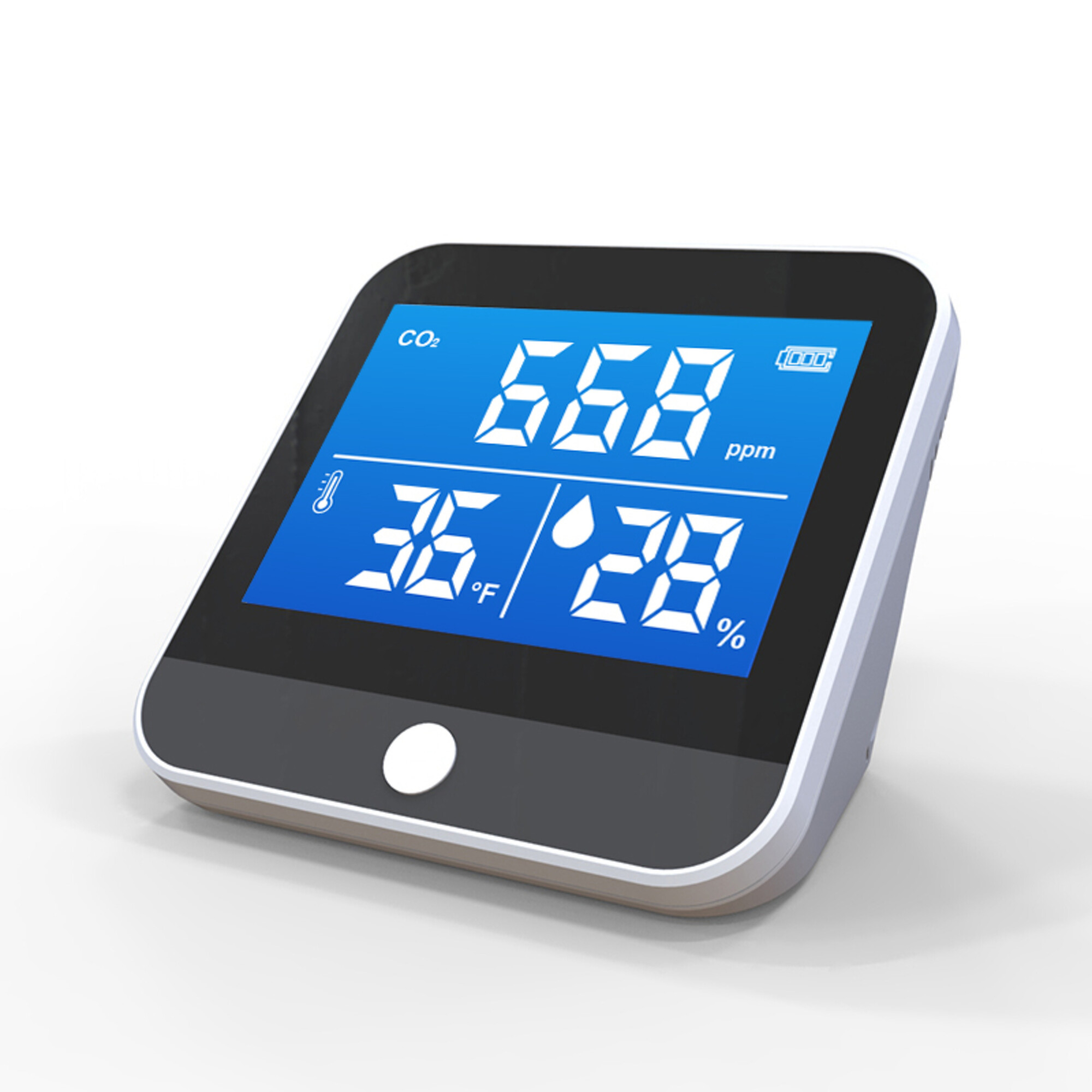 Ein digitales Gerät zeigt CO2-Gehalt, Temperatur und Luftfeuchtigkeit an. Es ist ein schwarzes Gerät mit blauem Bildschirm. Der Hintergrund ist weiß.