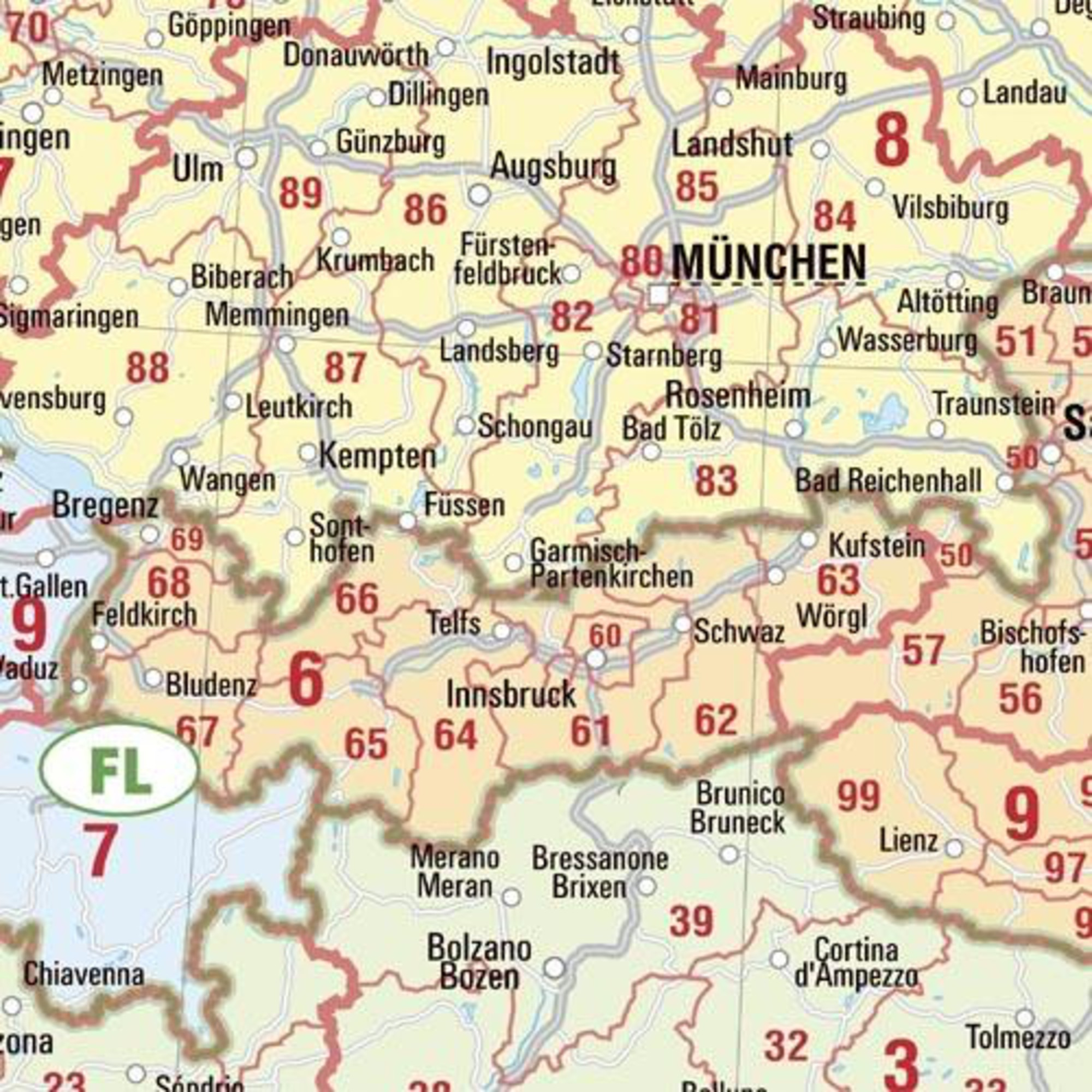 Eine Karte mit Städten, Straßen und Zahlen. Wichtige Städte wie München und Innsbruck sind sichtbar.