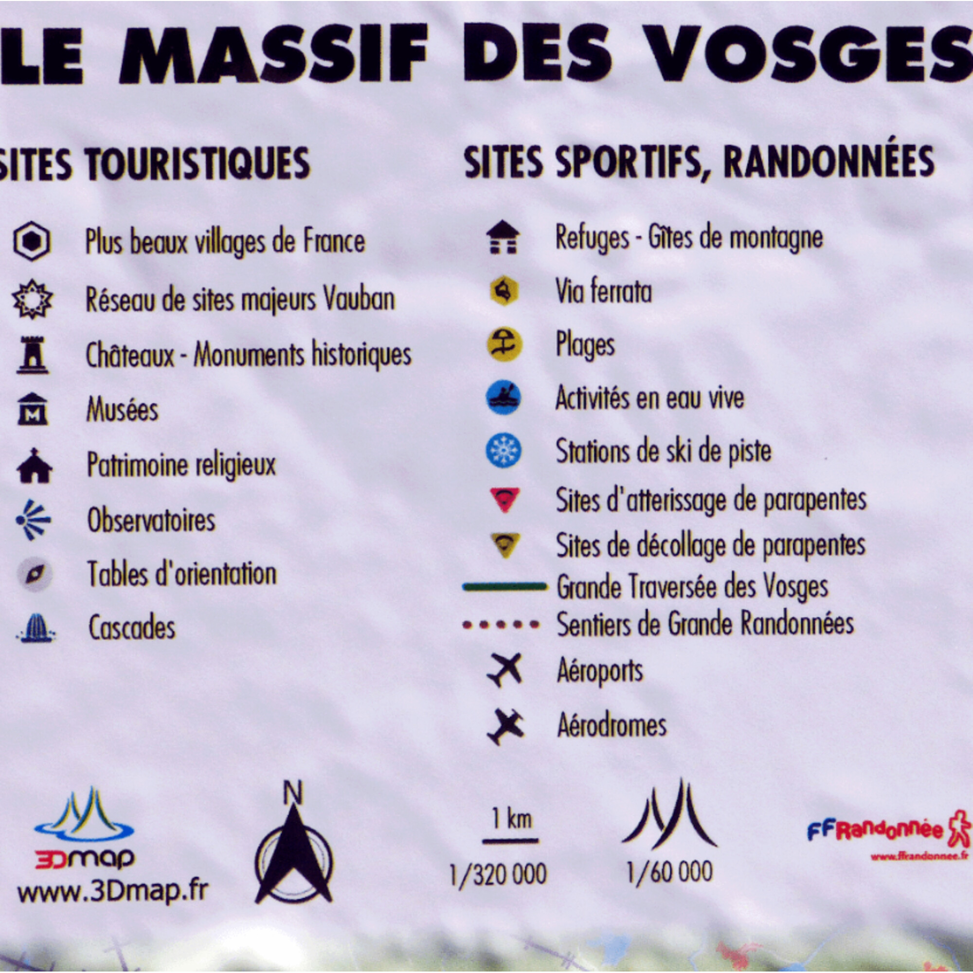 Karte der Vogesen mit touristischen und sportlichen Zielen, darunter Dörfer, Burgen, Skistationen und Wanderwege. Symbole zeigen Orte an.