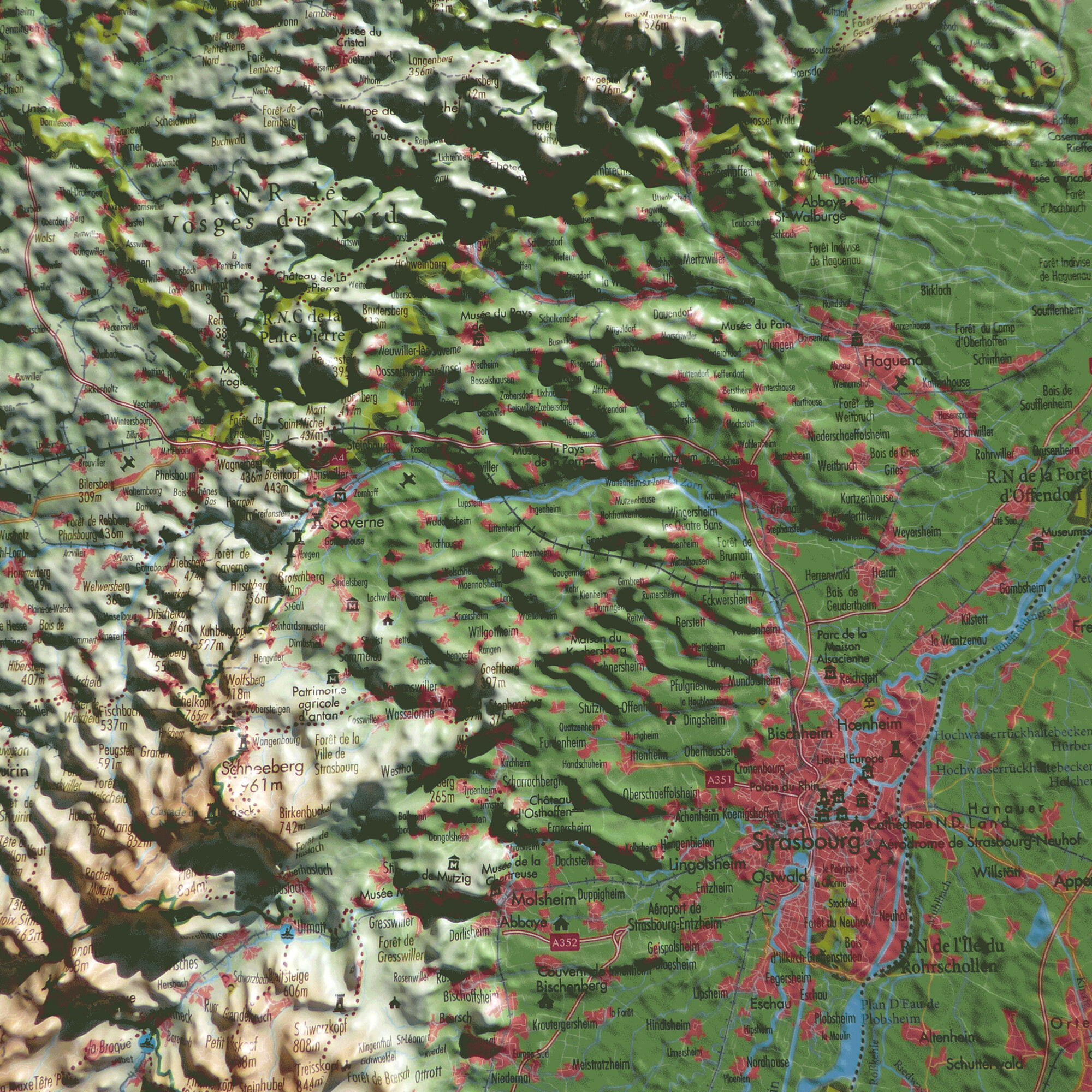 Karte einer Region mit Städten und Straßen, schattierte Reliefdarstellung, Strasbourg.