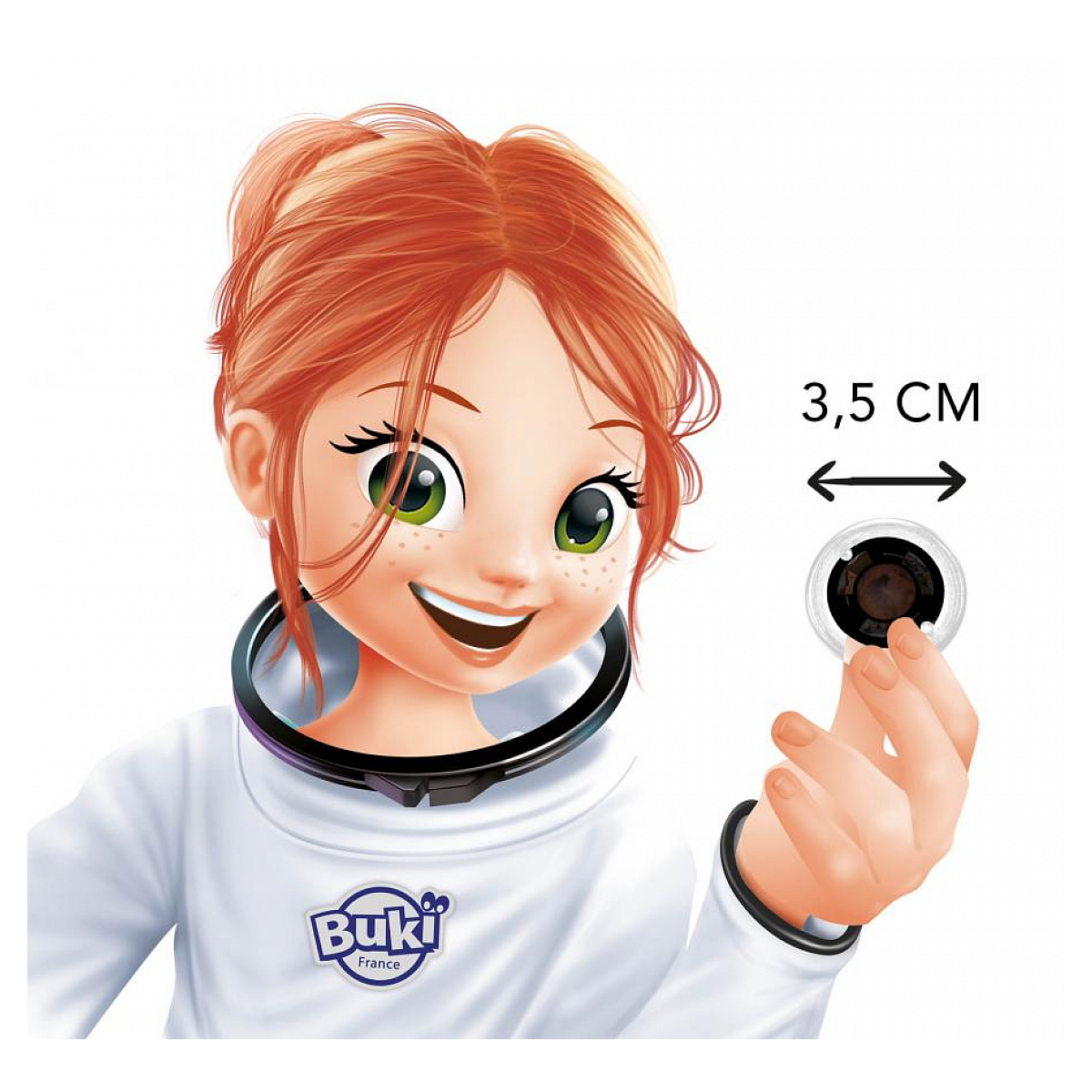 Ein Cartoon-Mädchen mit roten Haaren und grünen Augen, trägt ein weißes Hemd und hält ein kleines schwarzes Objekt.