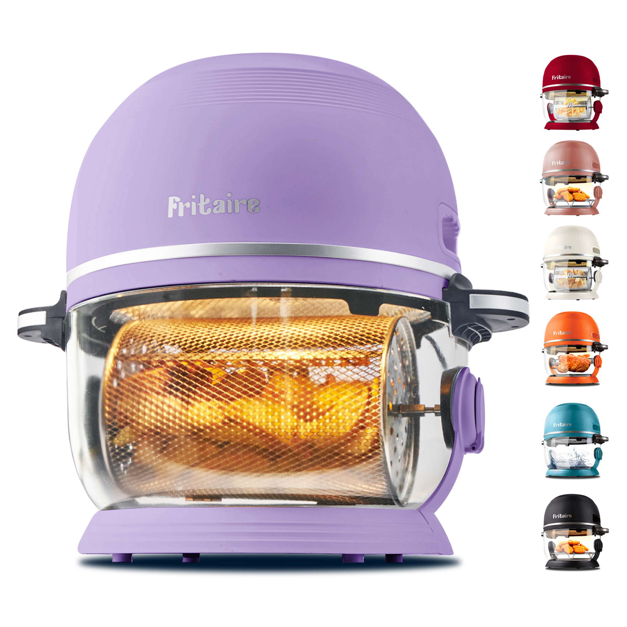 Ein lila Airfryer mit Pommes Frites. Mehrere Airfryer in verschiedenen Farben sind rechts im Bild.