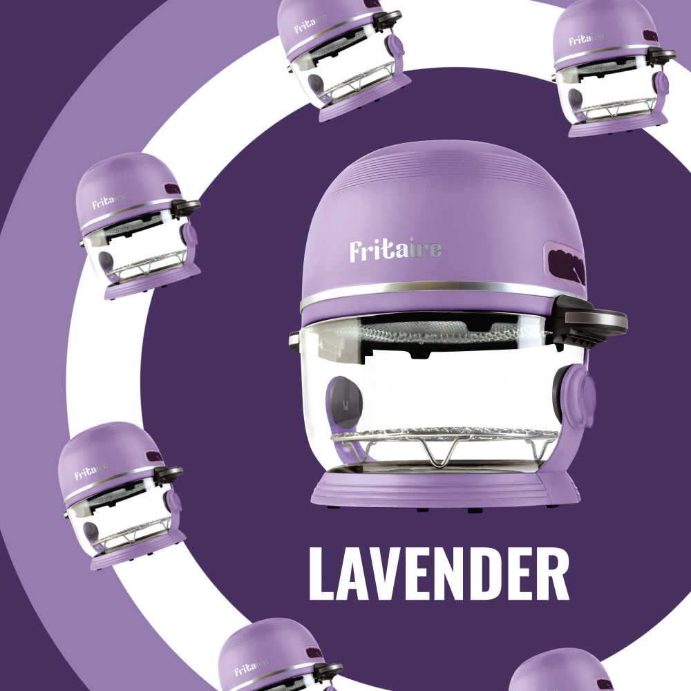 Ein lavendelfarbener Fritaire-Ofen ist von kleineren Versionen auf einem lila Hintergrund umgeben. Das Wort 'LAVENDER' steht unten.