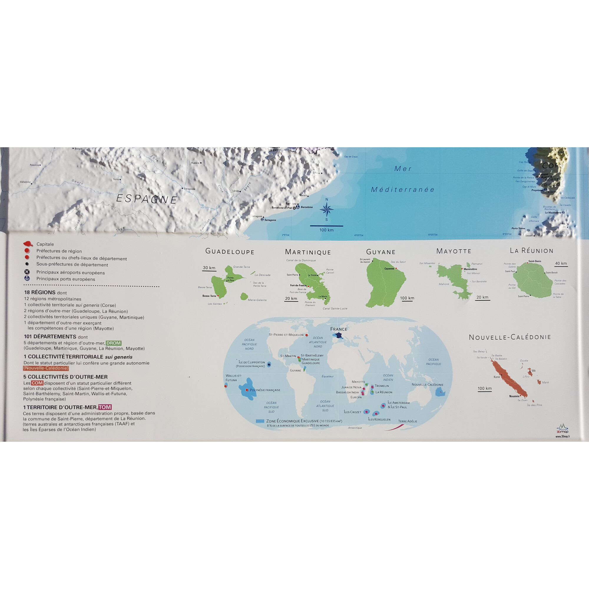 Eine Karte Frankreichs und seiner Überseegebiete, mit geografischen Details und Beschriftungen.
