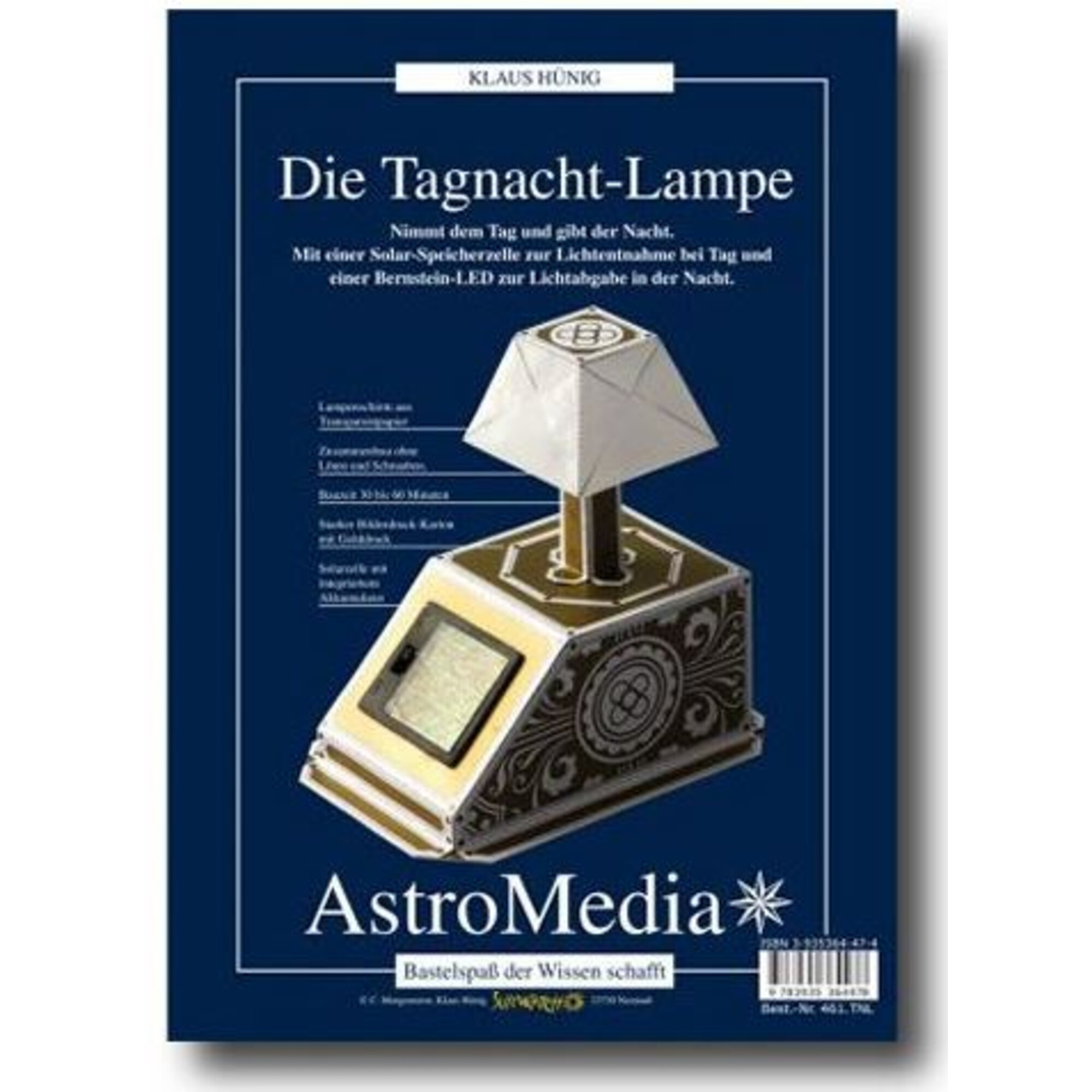 Buchcover für 'Die Tagnacht-Lampe'. Es zeigt ein Lampenmodell auf blauem Hintergrund. Text auf Deutsch ist ebenfalls sichtbar.