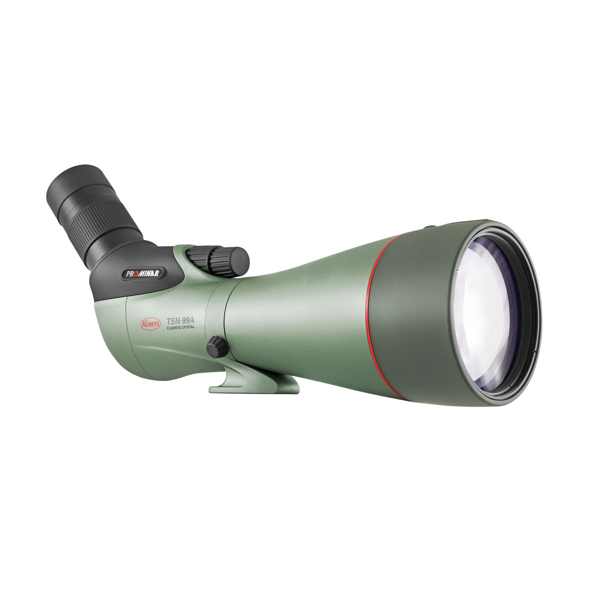 Un cannocchiale verde Kowa TSN-99A con oculare nero su sfondo bianco. Ha dettagli rossi.
