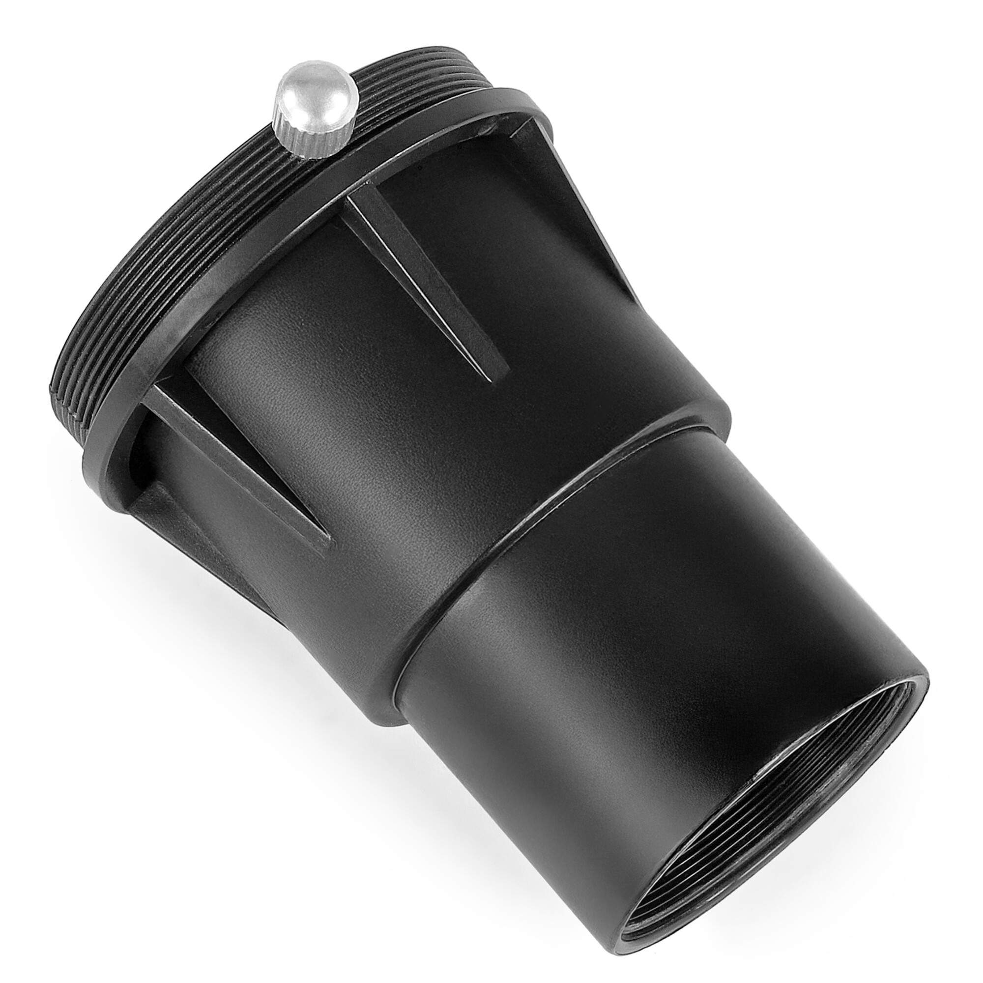 Ein schwarzer Kunststoff-Kameraadapter mit einem silbernen Knopf oben. Er hat ein Gewindeende und einen ausgestellten Boden.