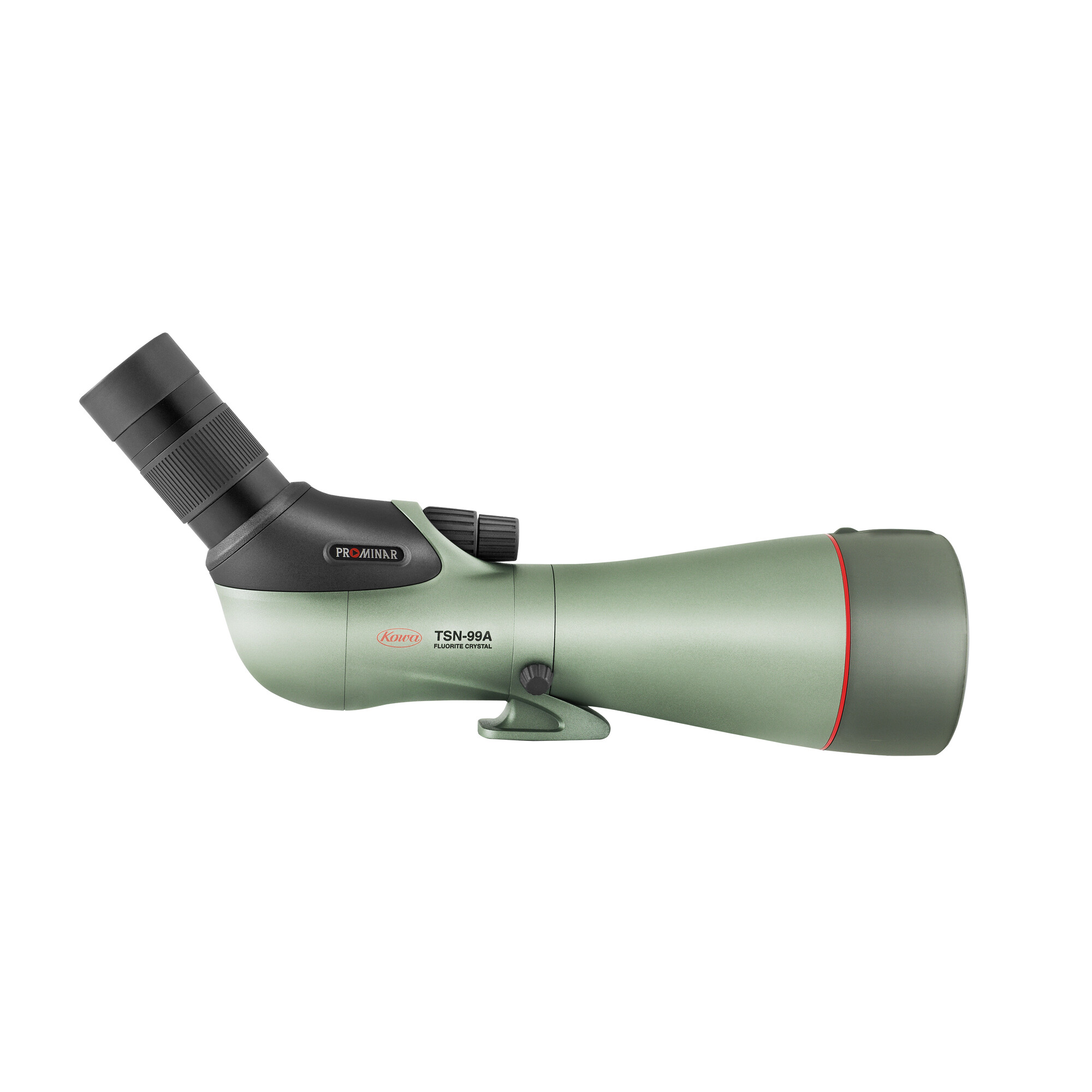 Un cannocchiale verde Kowa TSN-99A su sfondo bianco. Ha dettagli neri e rossi ed è angolato a sinistra.