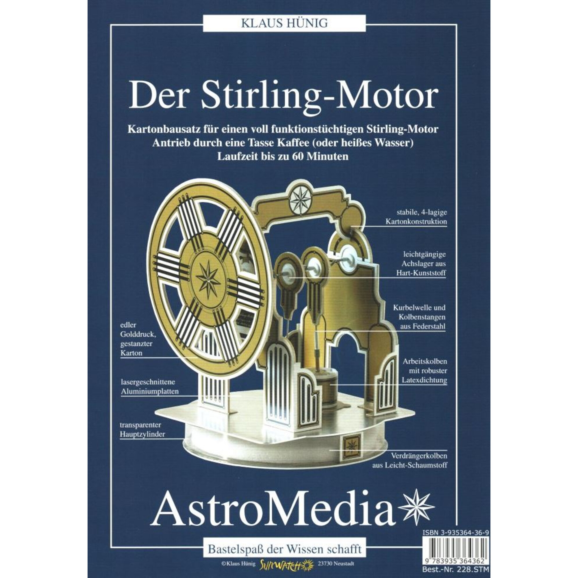 Poster für einen Stirlingmotor-Bausatz. Es zeigt ein Diagramm des Motors mit deutschem Text.
