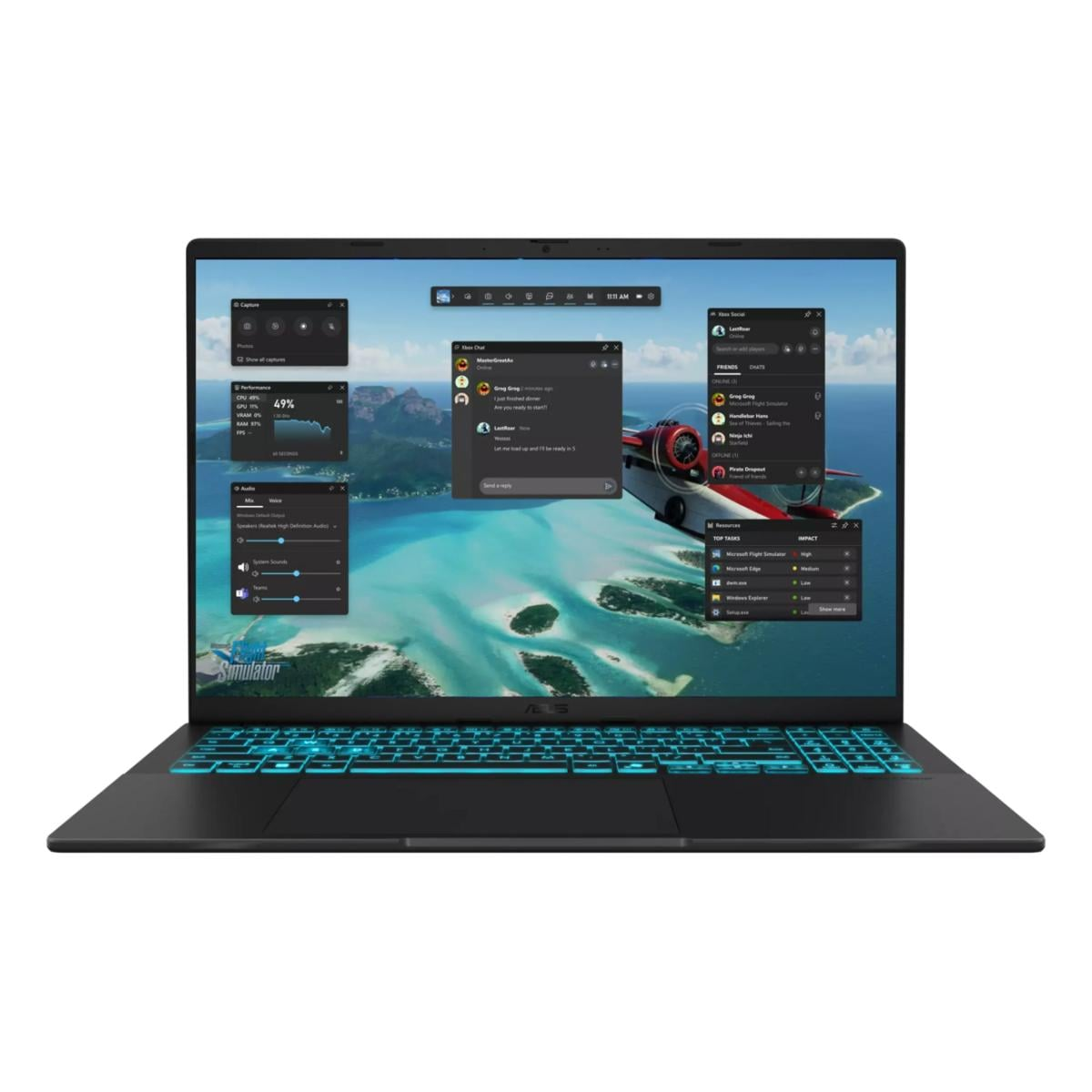 Schwarzer Laptop zeigt einen Flugsimulator, Chat-Fenster und Systeminformationen. Die Tastatur hat blaue Hintergrundbeleuchtung.