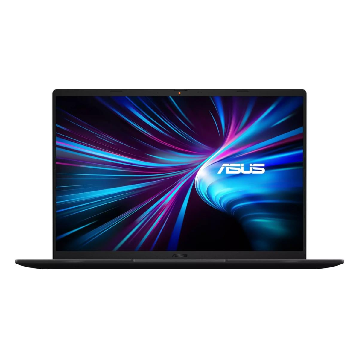 Ein schwarzer ASUS-Laptop ist geöffnet dargestellt. Der Bildschirm zeigt ein blaues und violettes abstraktes Design. Das ASUS-Logo ist sichtbar.