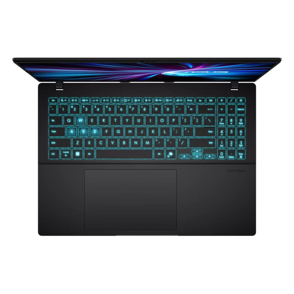 Schwarzer Laptop mit beleuchteter Tastatur. Der Bildschirm ist geöffnet. Tasten leuchten blau. Das Touchpad ist sichtbar.
