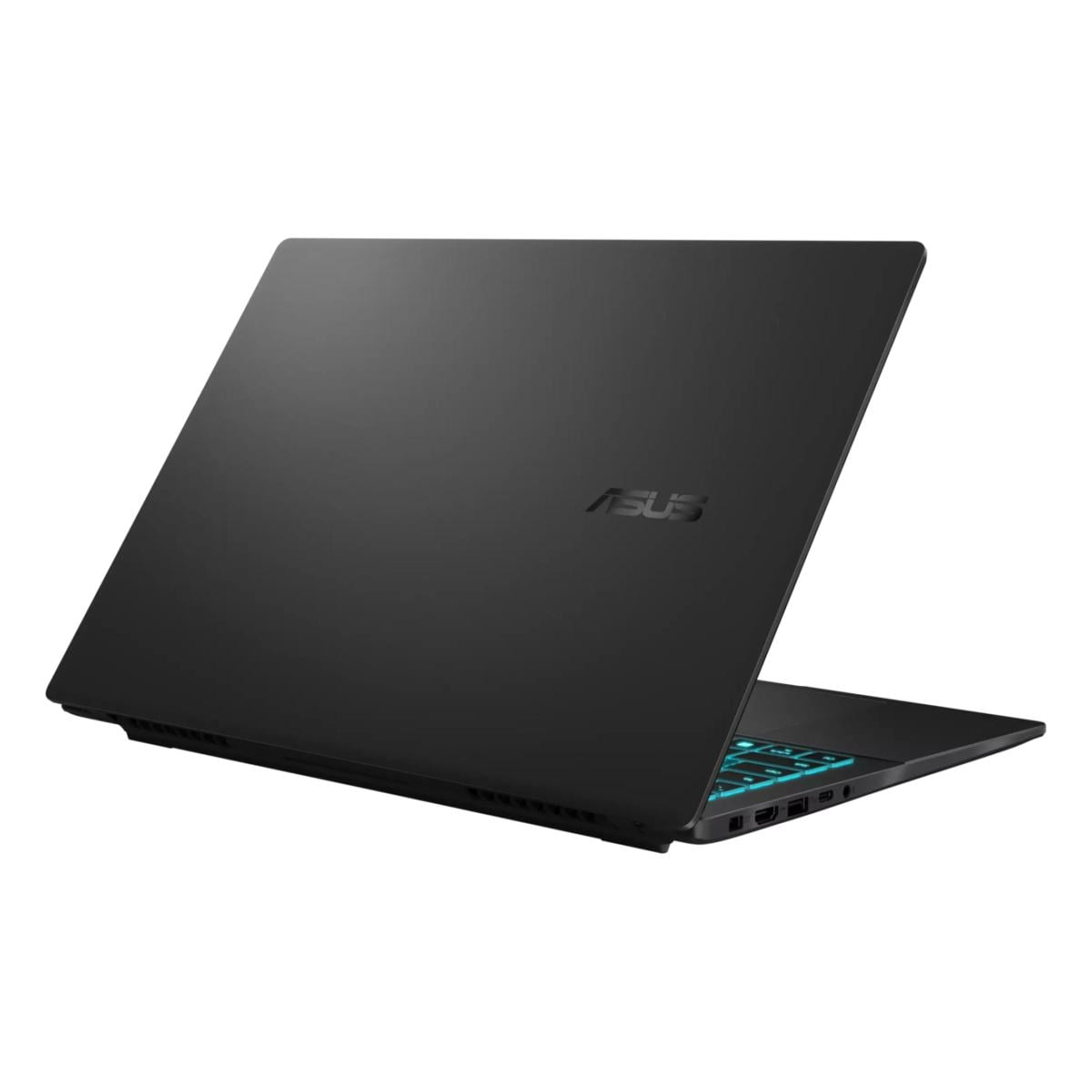 Ein schwarzer ASUS-Laptop ist geöffnet und zeigt eine Tastatur mit türkisfarbener Hintergrundbeleuchtung. Das ASUS-Logo ist sichtbar.