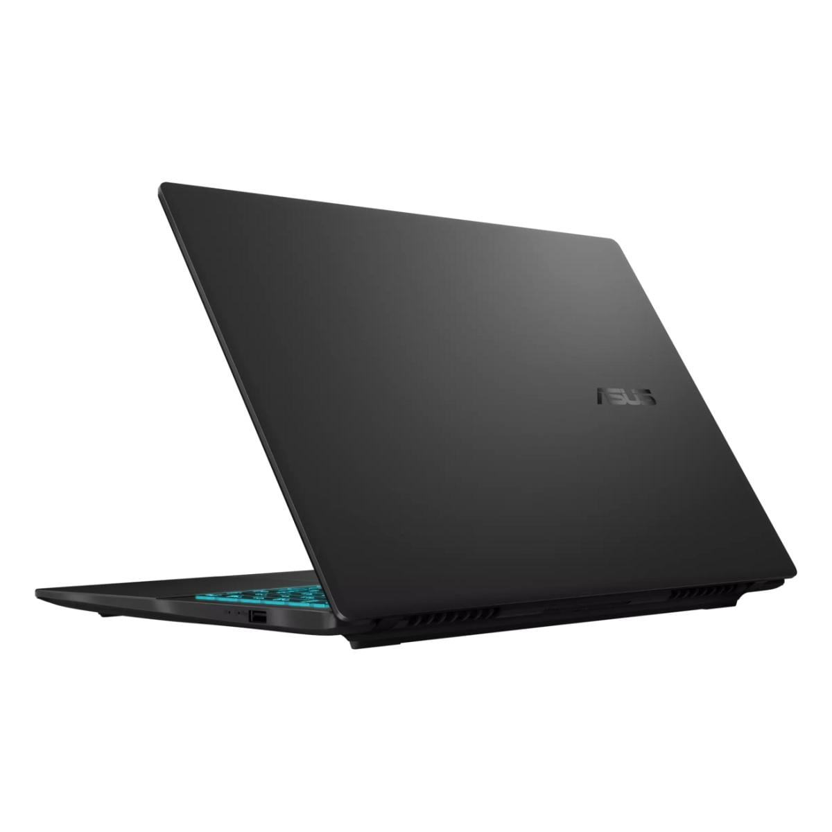 Ein schwarzer ASUS-Laptop ist geöffnet. Der Bildschirm ist hochgeklappt. Die Tastatur hat eine türkisfarbene Hintergrundbeleuchtung. Das ASUS-Logo befindet sich auf der Rückseite des Deckels.