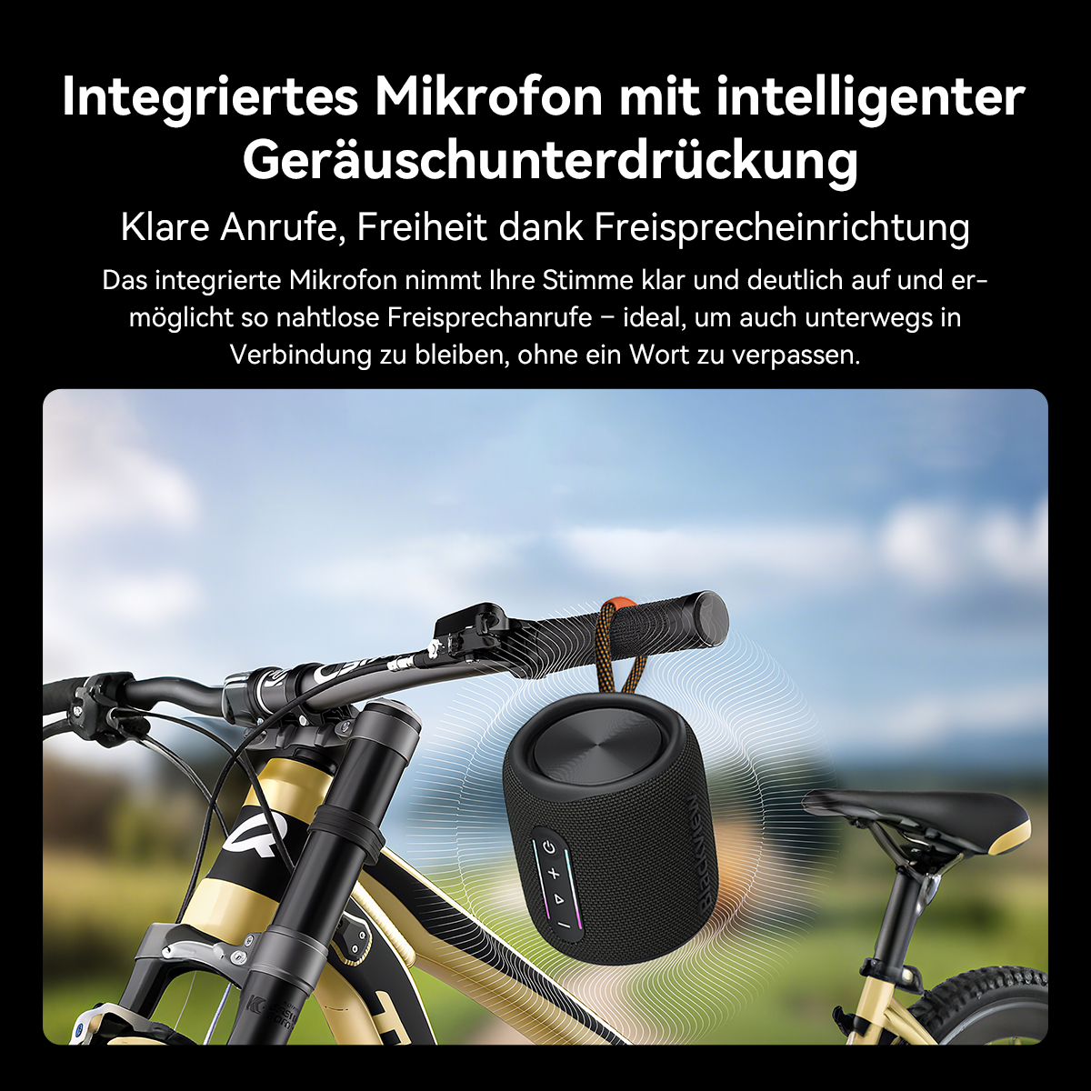Ein schwarzer Lautsprecher hängt am Lenker eines Fahrrads. Text oben: Integriertes Mikrofon mit intelligenter Geräuschunterdrückung.