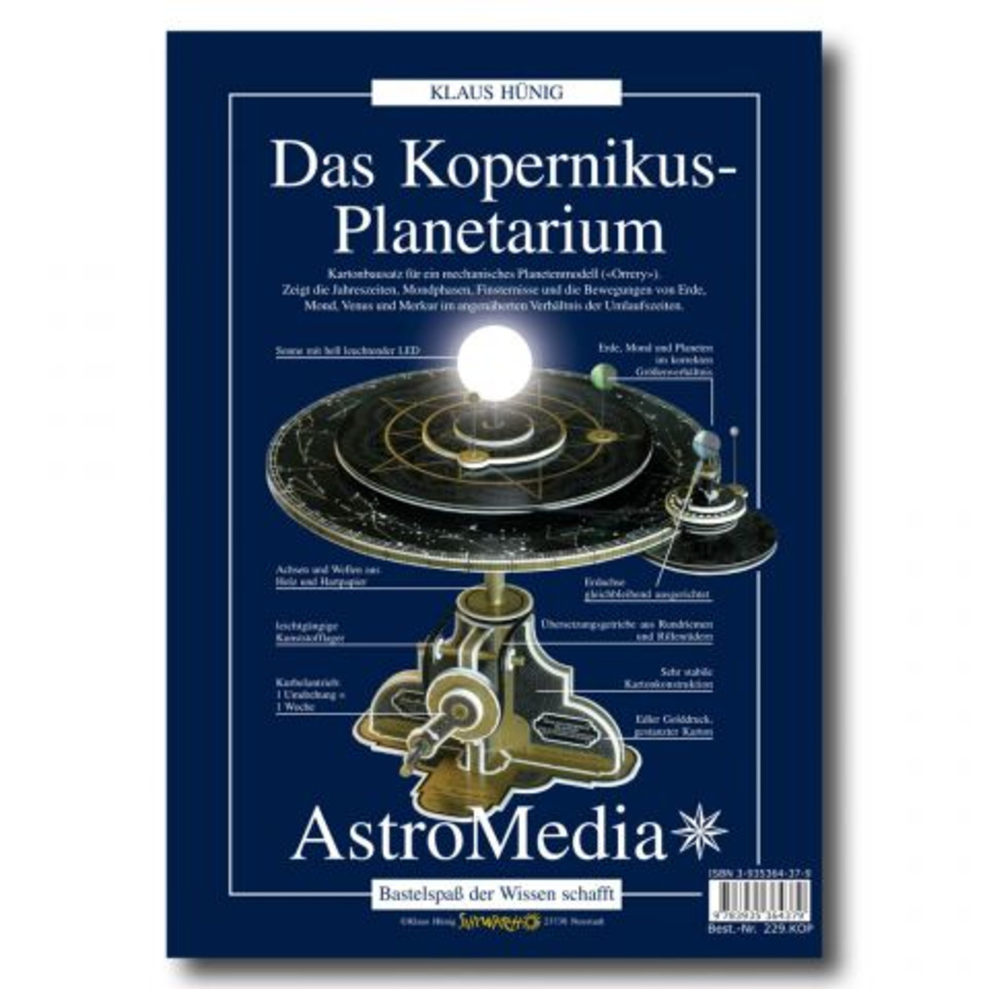 Ein Buchcover mit dem Titel 'Das Kopernikus-Planetarium'. Es zeigt ein Modell des Sonnensystems mit Beschriftungen und dem AstroMedia-Logo.