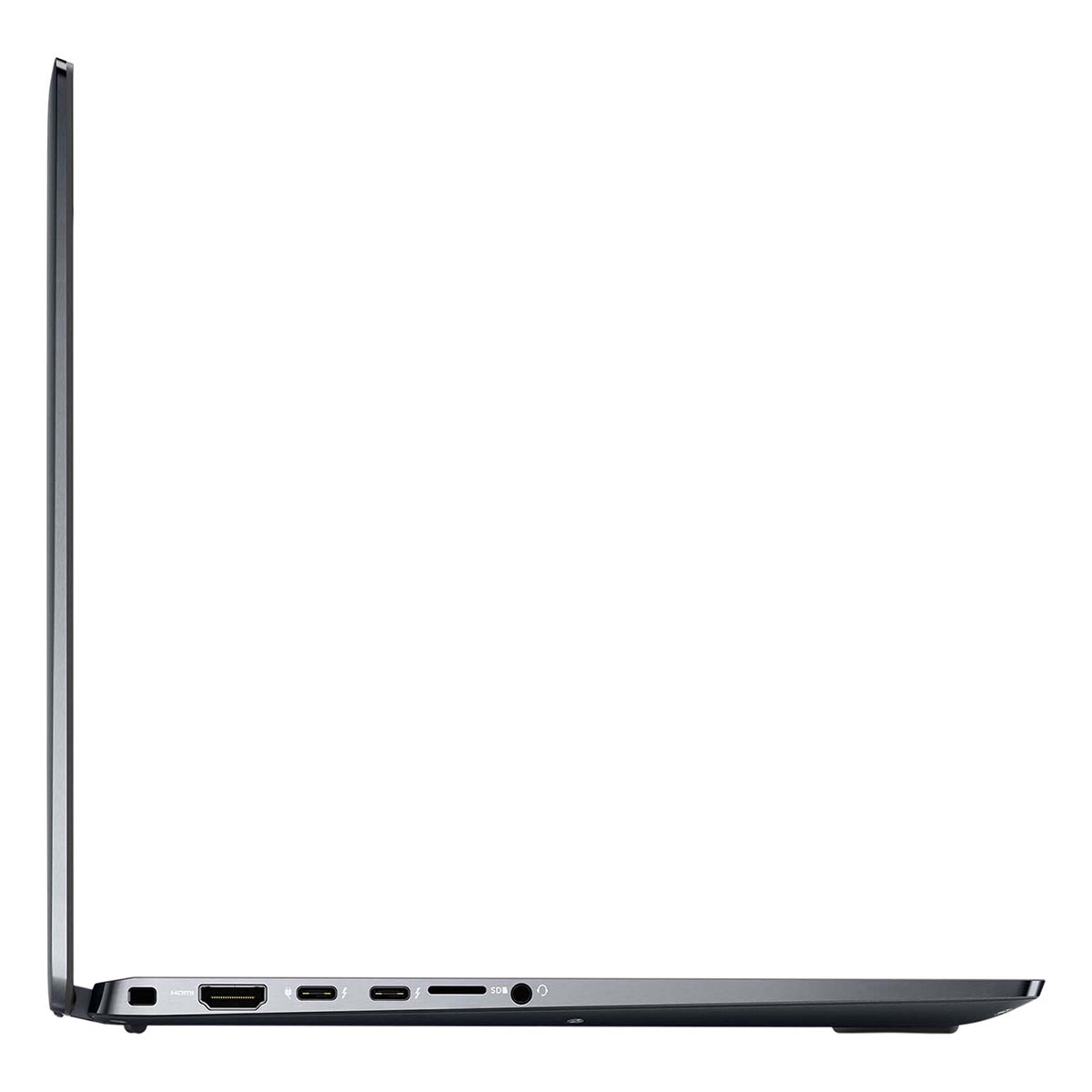 Widok z boku laptopa. Widoczne porty to HDMI, USB-C i gniazdo kart SD. Laptop jest ciemnoszary na białym tle.