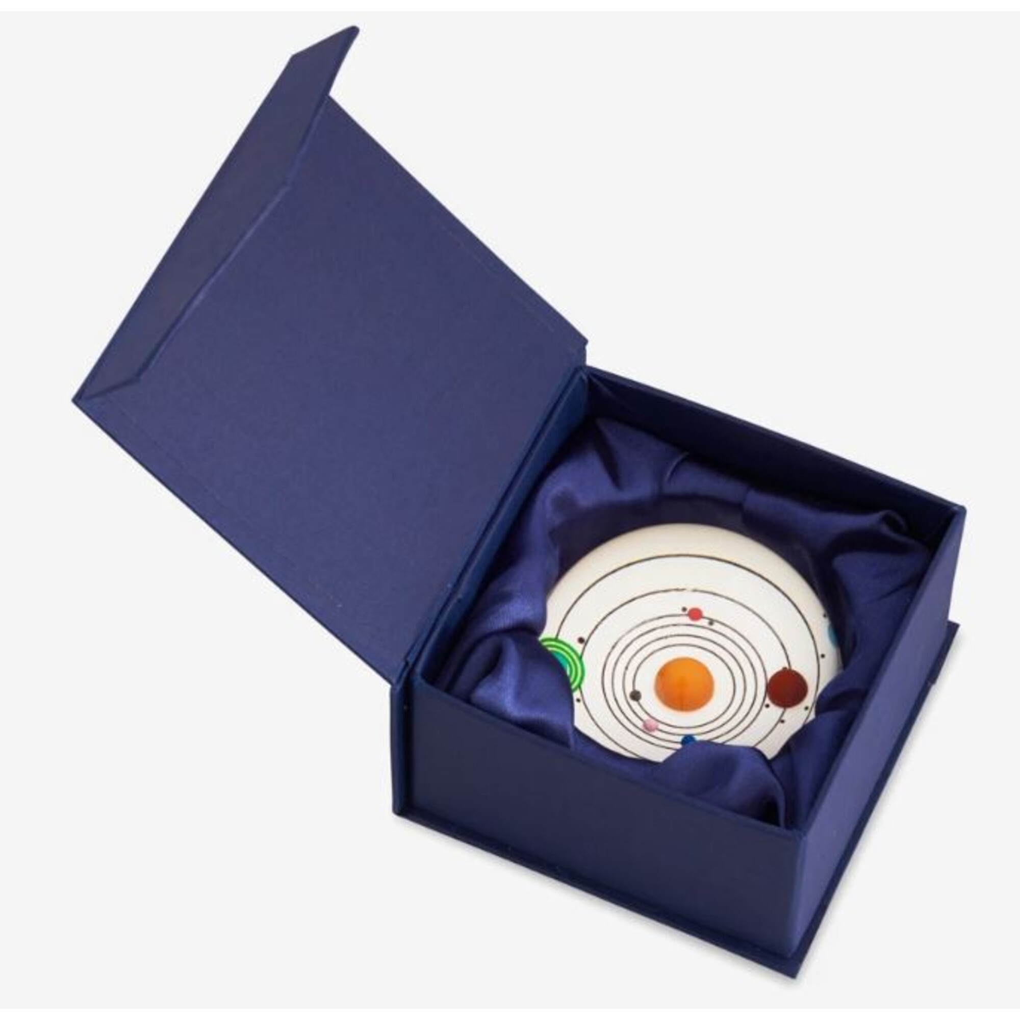 Ein Sonnenmodellsystem in einer blauen Box. Planeten werden durch farbige Kugeln um eine orangefarbene Sonne dargestellt.