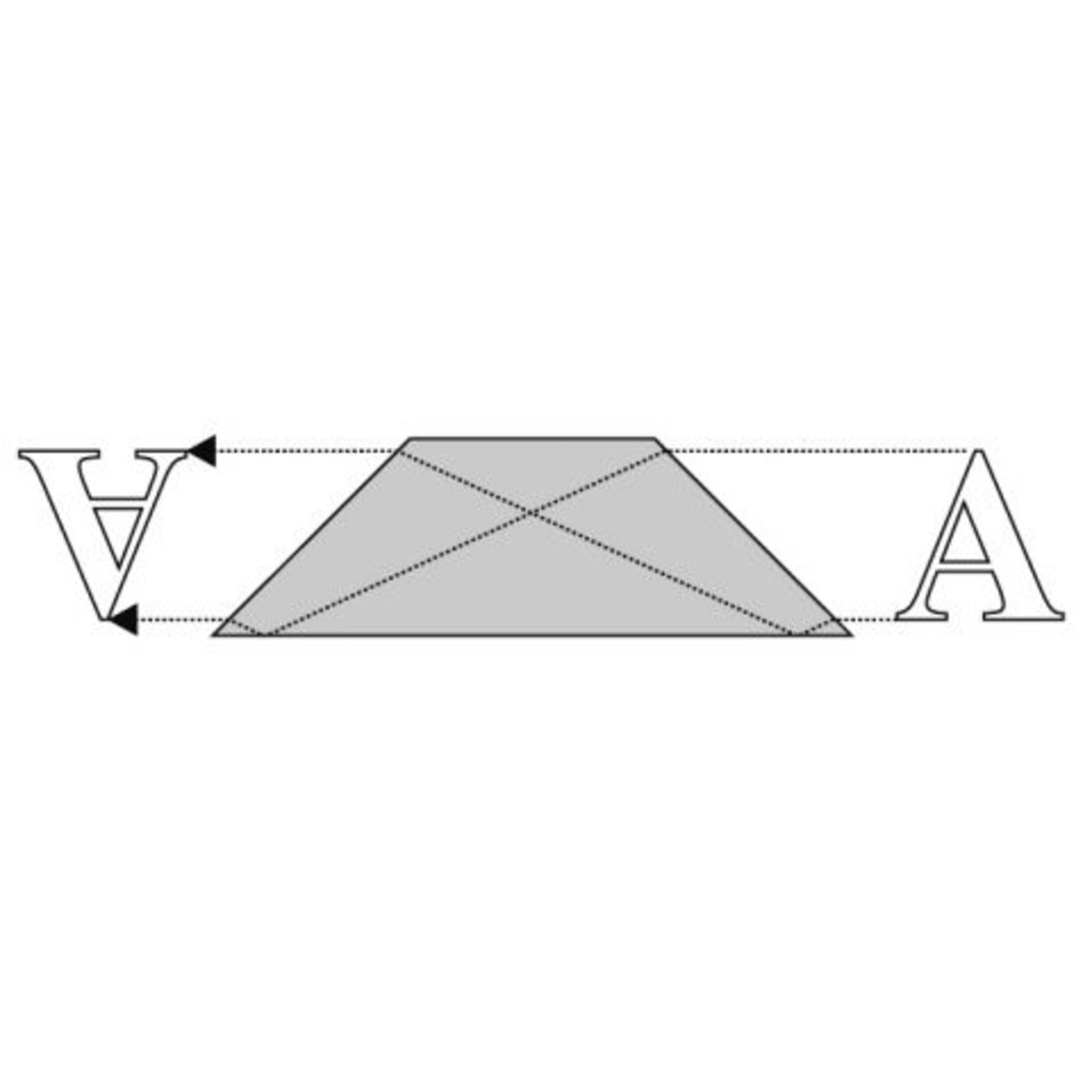 Diagramm mit dem Buchstaben V, Pfeil zum Trapez und dann Pfeil zum Buchstaben A, alles weiß auf grau.