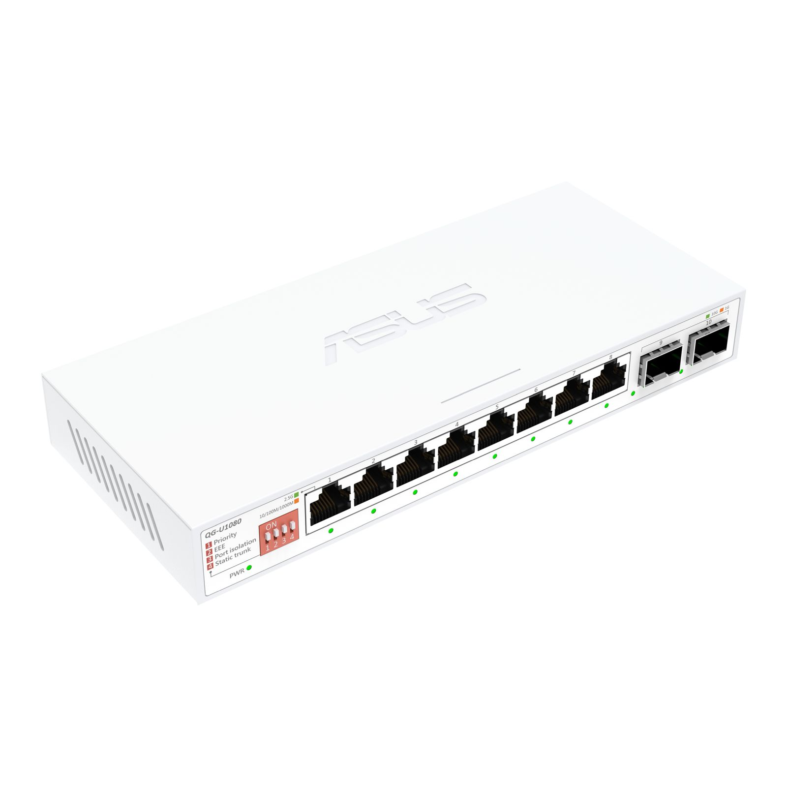 Uno switch di rete bianco con più porte e spie. Il logo ASUS è visibile. Il modello è QG-U1080.