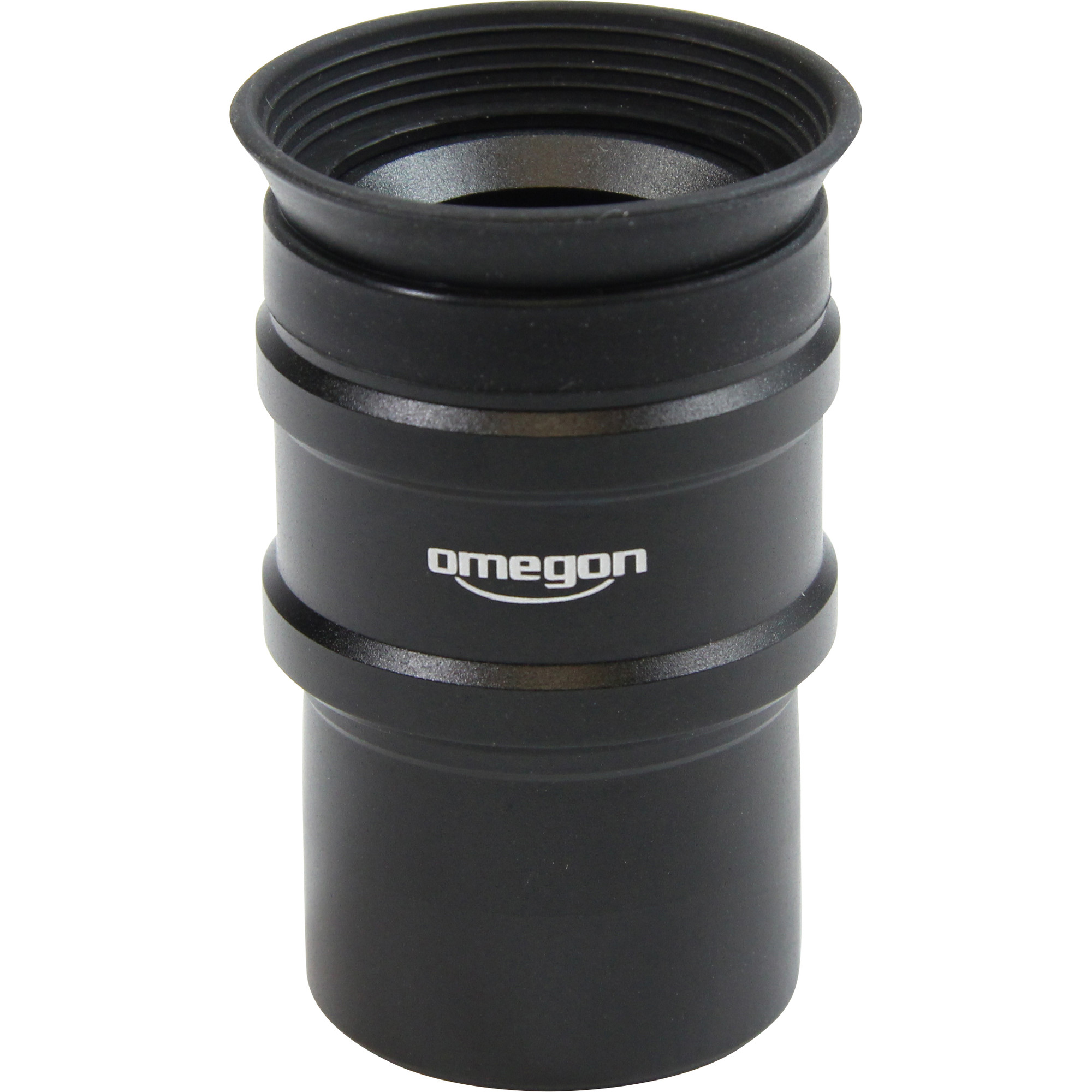 Ein schwarzer Omegon-Teleskopadapter. Er hat ein Gewinde oben, einen zylindrischen Körper und das Omegon-Logo.