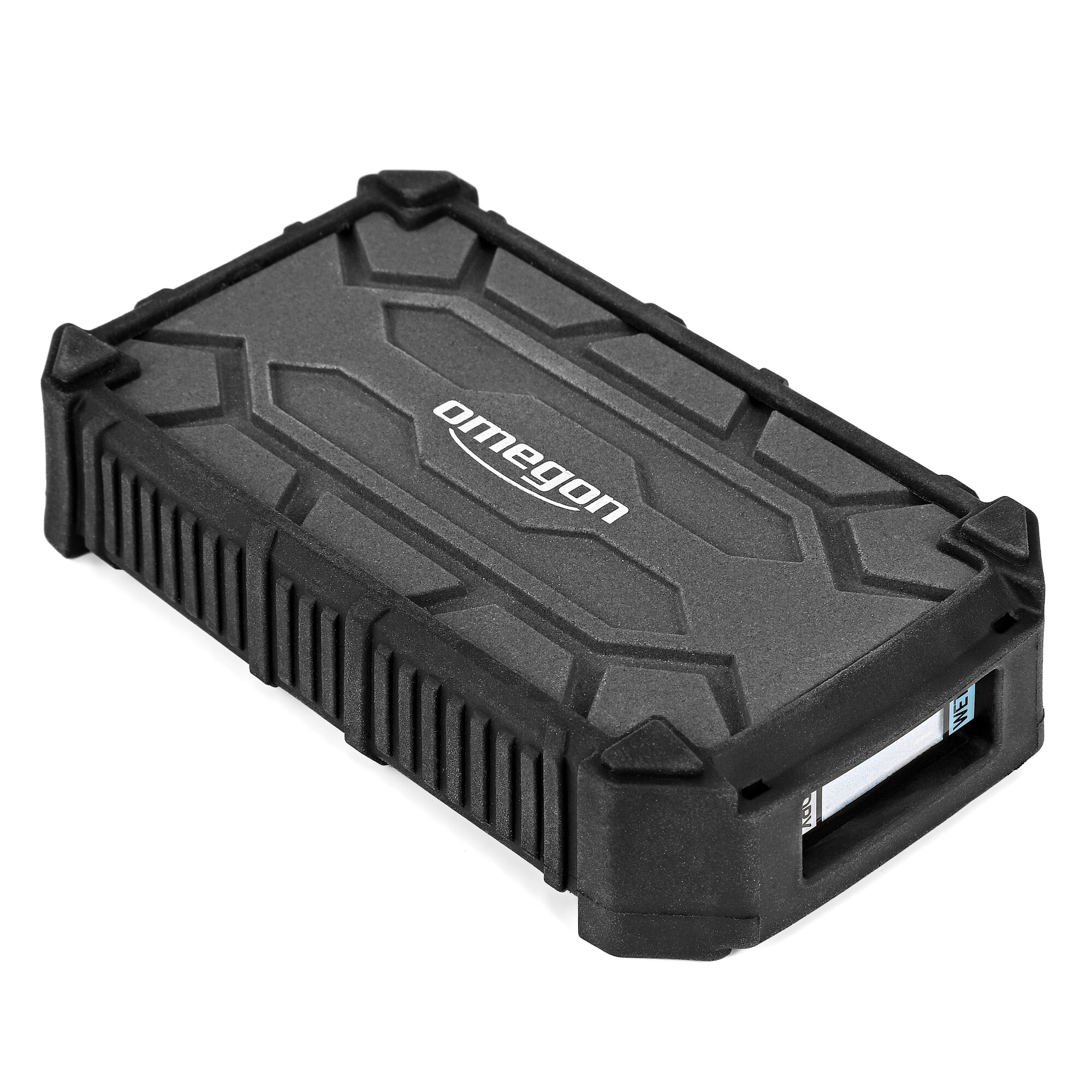Eine schwarze externe Omegon-Festplatte auf weißem Hintergrund. Es hat ein robustes Design und der Markenname ist sichtbar.