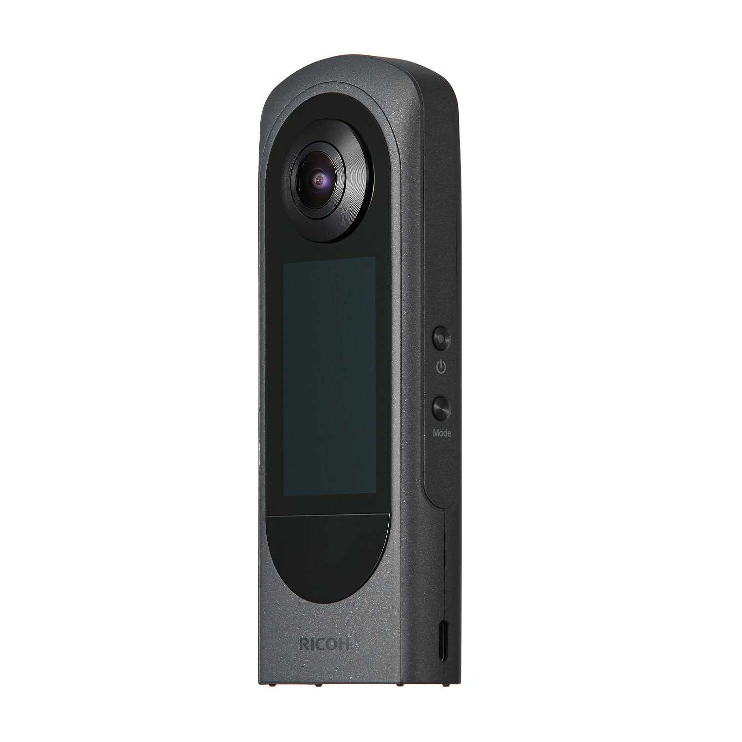 Eine dunkelgraue Ricoh 360-Grad-Kamera mit Objektiv, Bildschirm und Knöpfen. Sie steht aufrecht vor einem weißen Hintergrund.