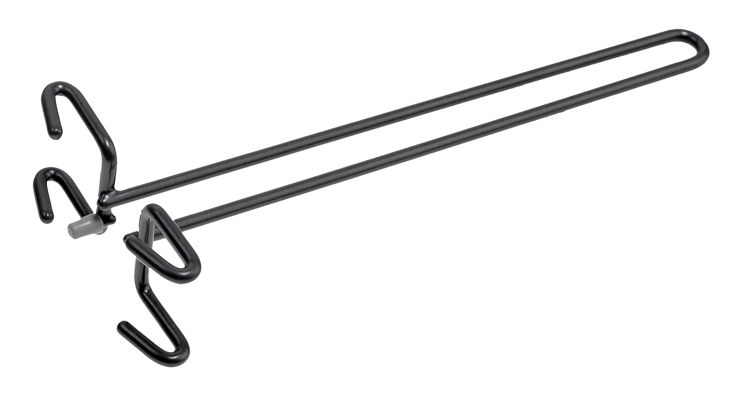 Ein Metall-Displayhaken mit schwarzem Finish. Er hat zwei Haken auf einer Seite und eine lange, gerade Stange mit gebogenem Ende.