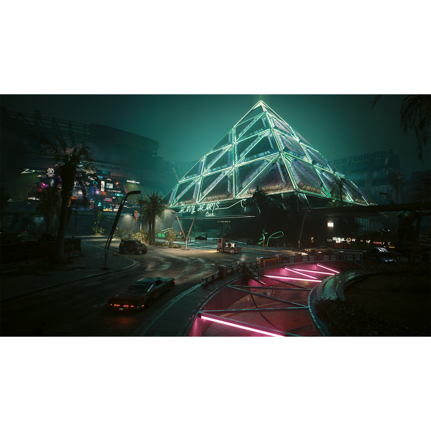 Edificio piramidale illuminato al neon, 'Heavy Hearts Club', con veicoli su strade bagnate. Palme e altri edifici sullo sfondo. Ambientazione oscura, futuristica.
