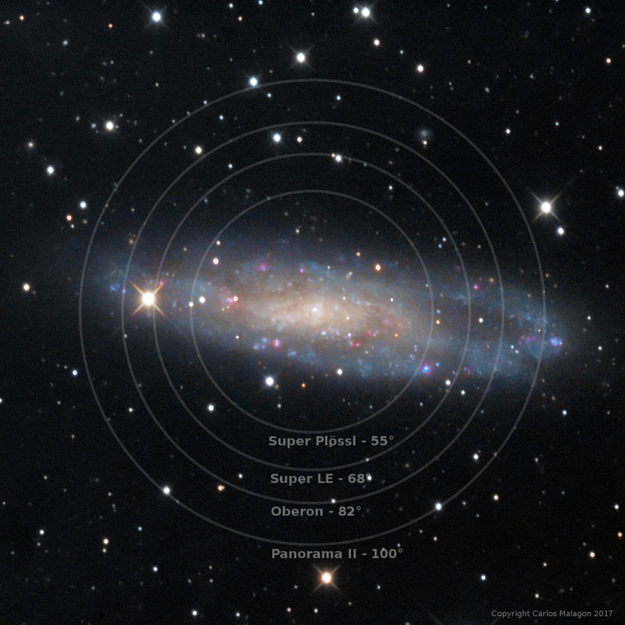 Eine Galaxie mit hellen Sternen und konzentrischen Ringen. Mehrere Beschriftungen sind sichtbar, und der Hintergrund ist voller Sterne.