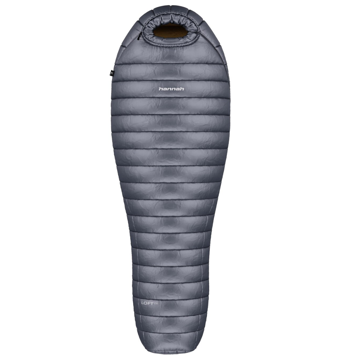 Ein grauer Schlafsack mit dem Logo "Hannah". Es ist ein vertikal ausgerichtetes, sich verjüngendes Design mit einer kreisförmigen Kopföffnung.