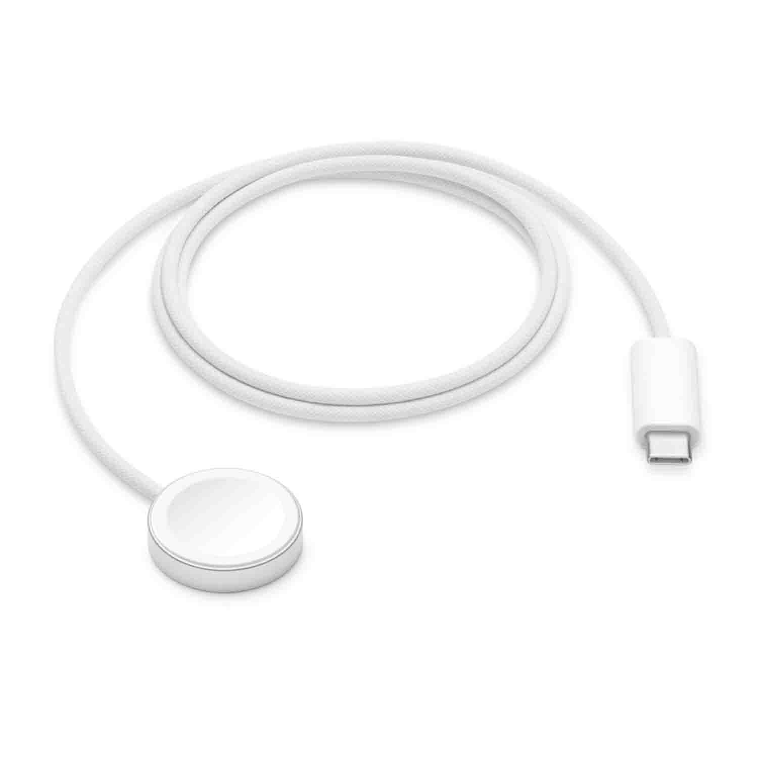 Biały kabel do ładowania Apple Watch. Ma okrągłą podkładkę ładującą, długi kabel i złącze USB-C.