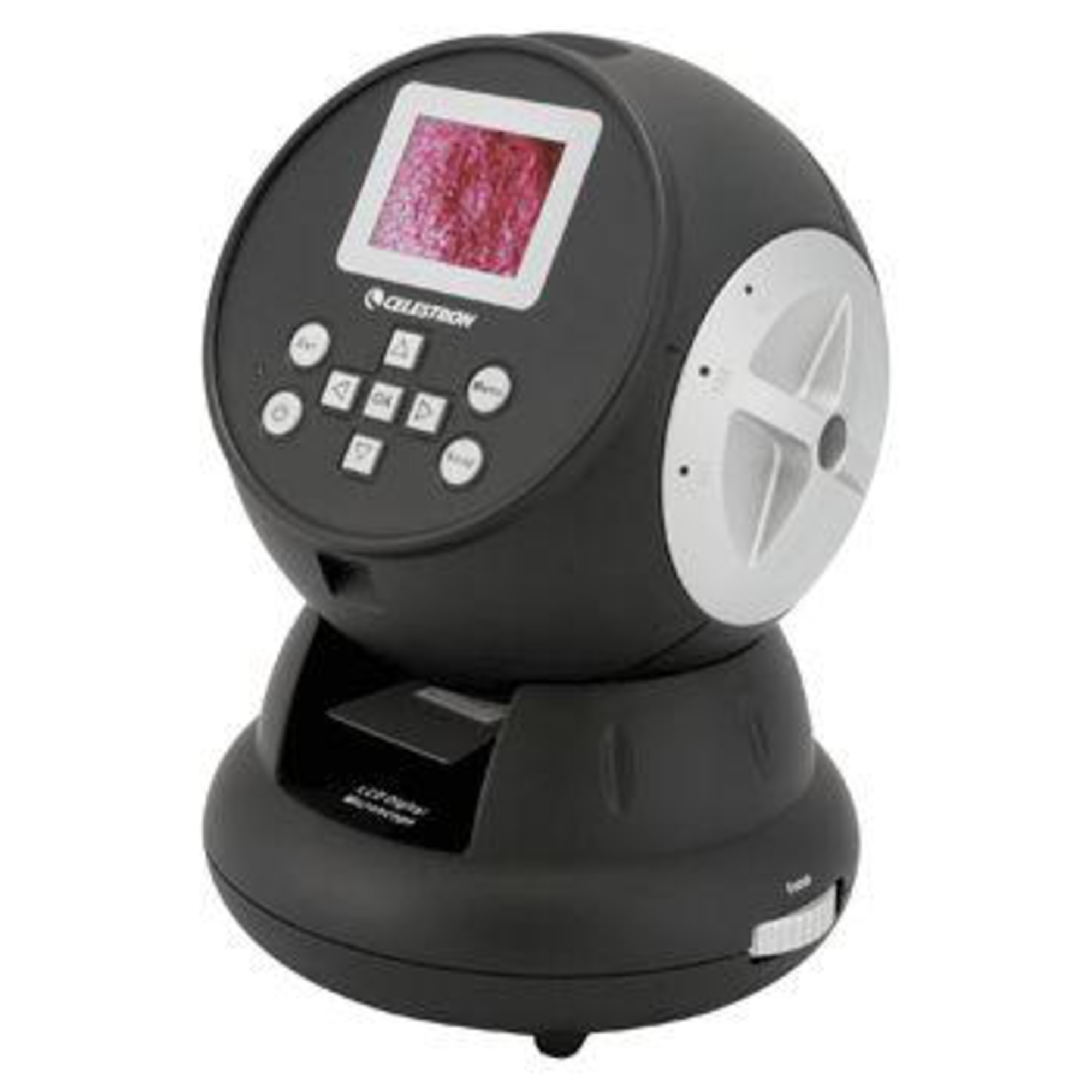 Ein schwarzes digitales Celestron-Mikroskop. Es hat einen Bildschirm, der ein rosa Bild anzeigt. Tasten und ein weißes Rad sind sichtbar.