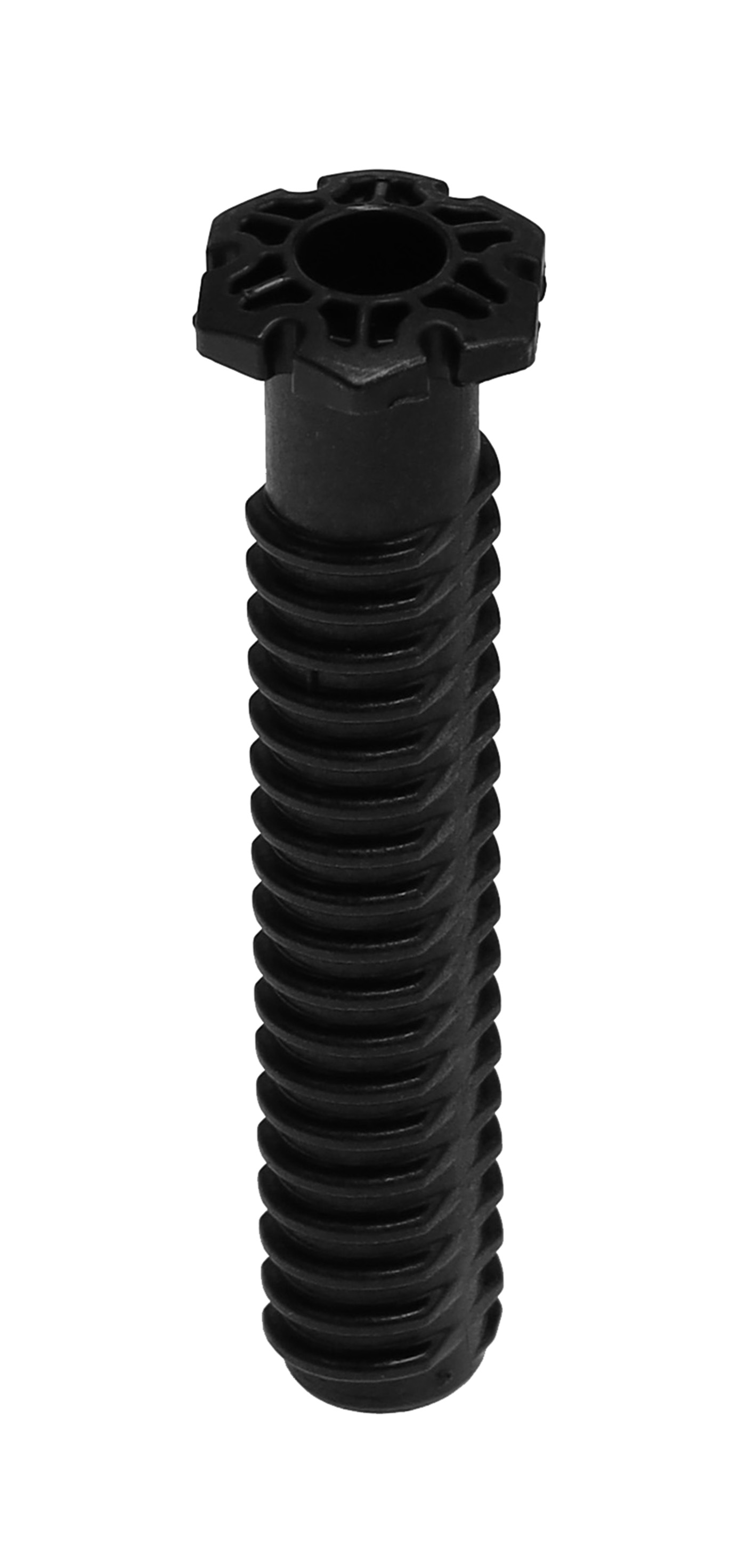 Eine schwarze Plastikschraube mit gemustertem Kopf und geriffeltem, zylindrischem Körper. Sie steht vertikal vor weißem Hintergrund.