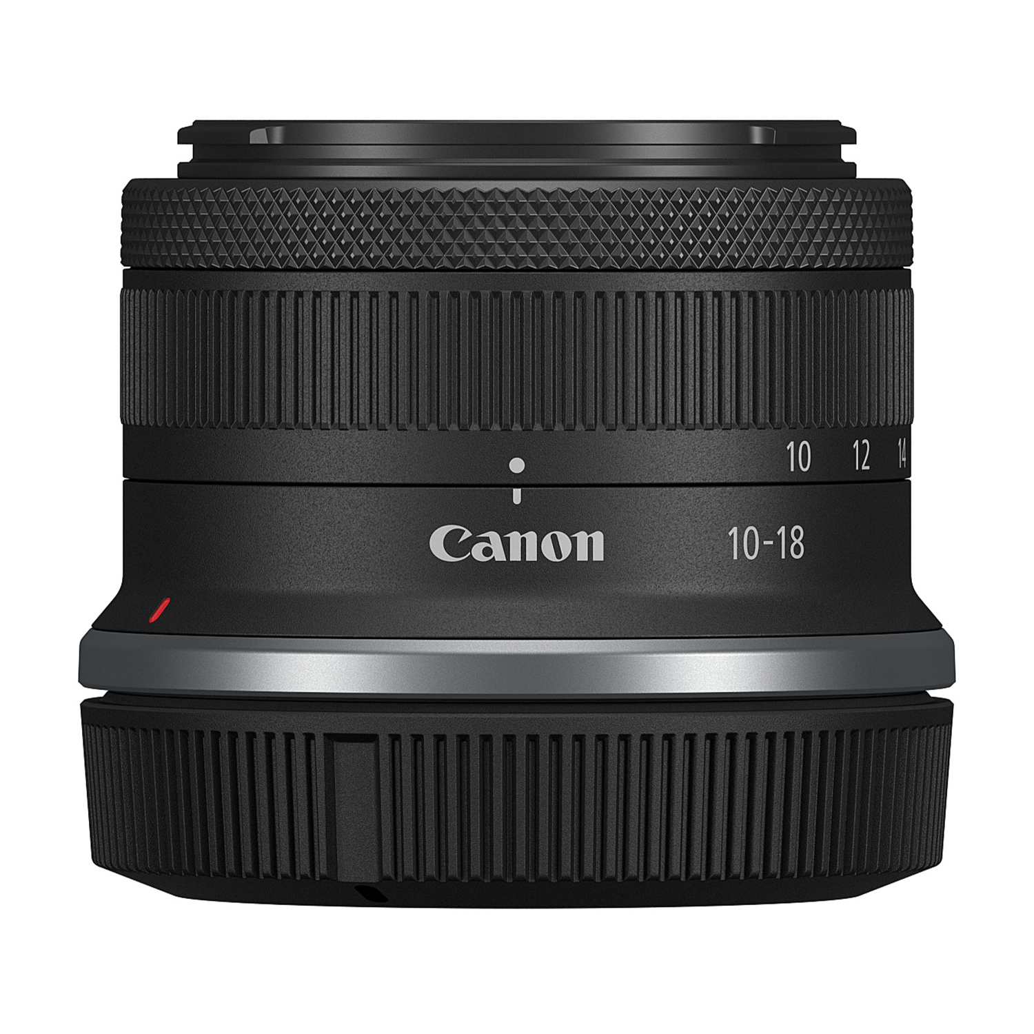 Gezeigt wird ein Canon 10-18mm Objektiv. Es ist schwarz mit silbernen Akzenten und hat gerippte und strukturierte Abschnitte. Das Canon-Logo und die Brennweiten sind sichtbar.